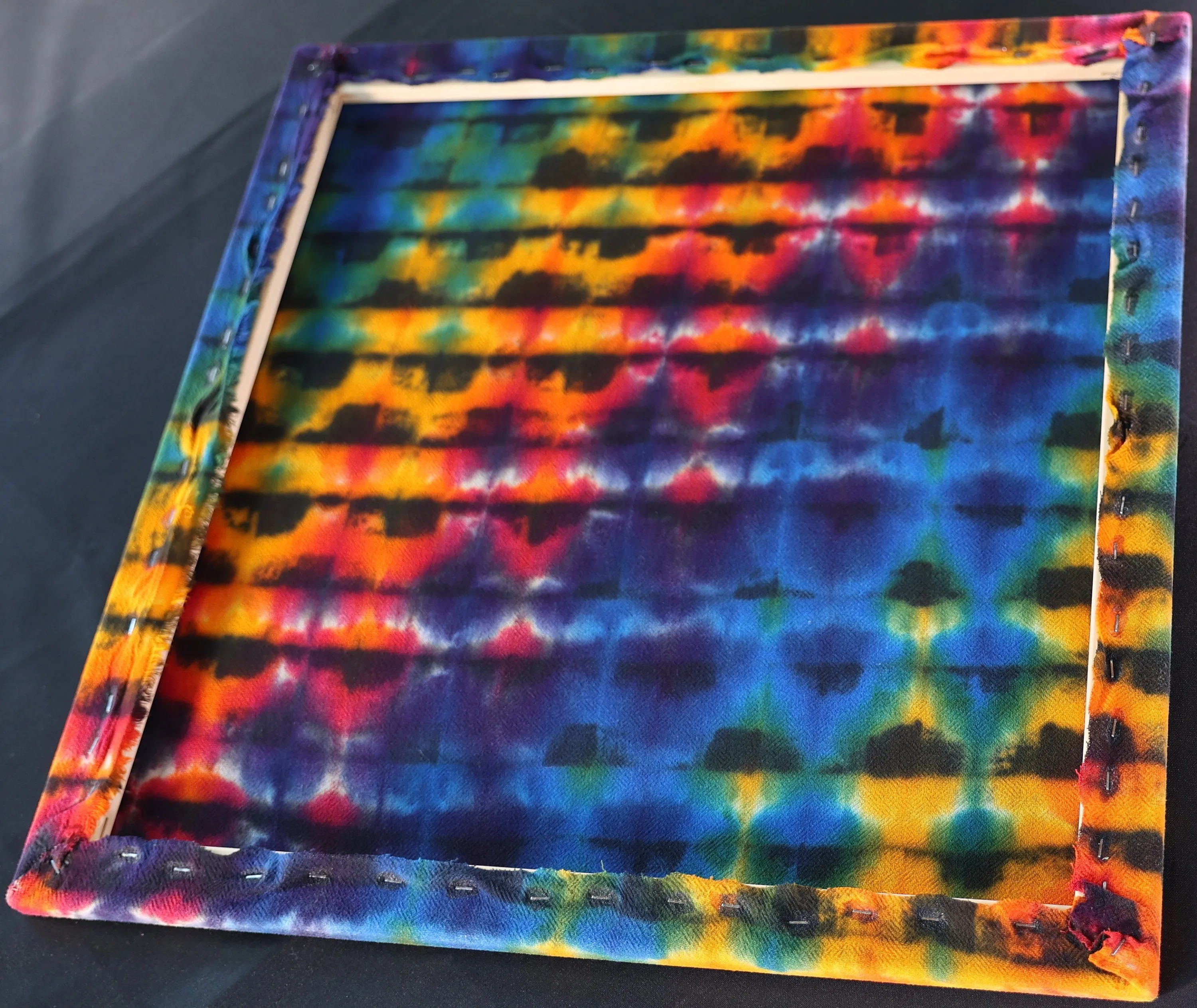 24"X24"X.75" Glitch Variant Tie Dye on a Square Panel of Calcutta Cotton Stretched onto 24"X24" Stretcher Bars