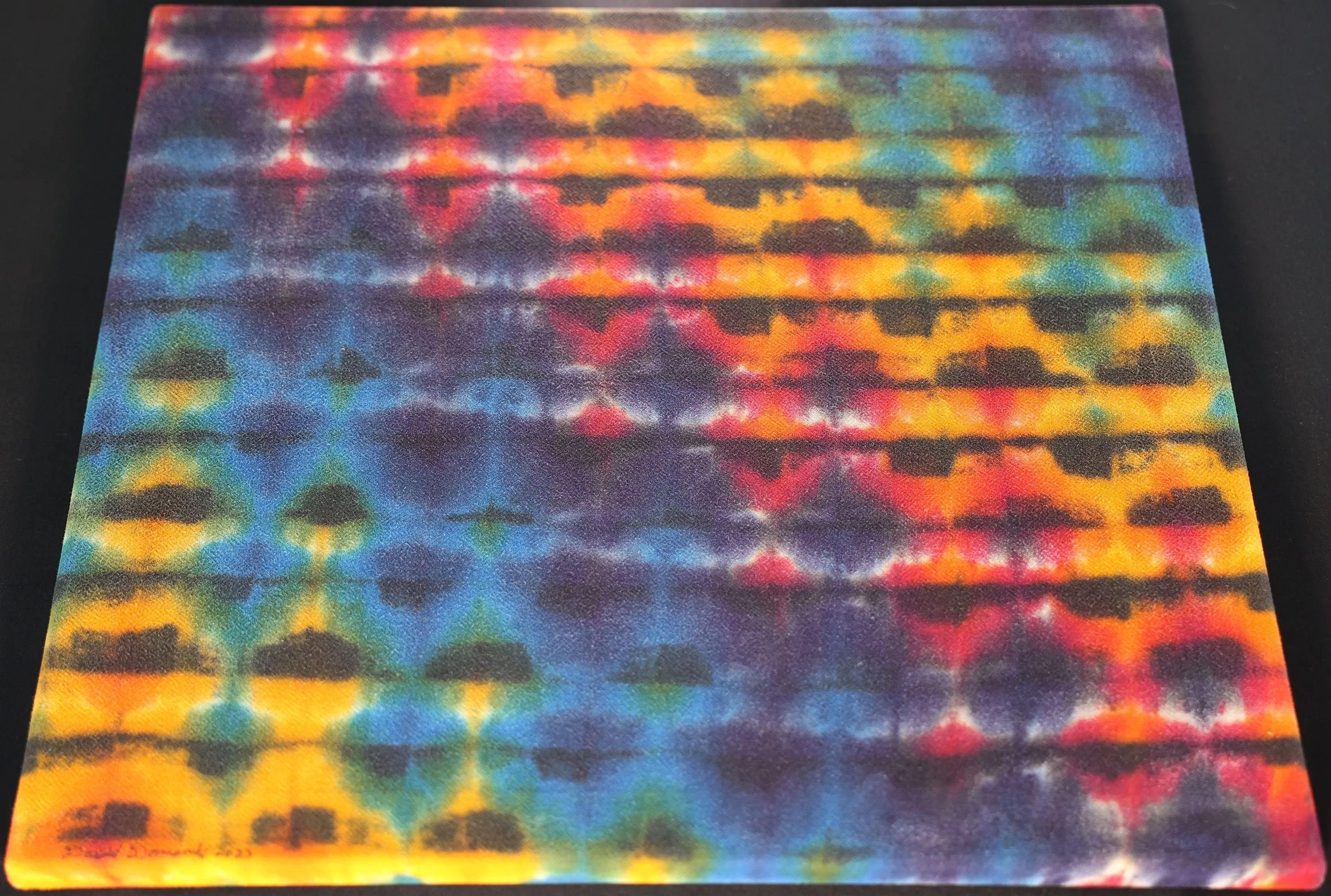 24"X24"X.75" Glitch Variant Tie Dye on a Square Panel of Calcutta Cotton Stretched onto 24"X24" Stretcher Bars