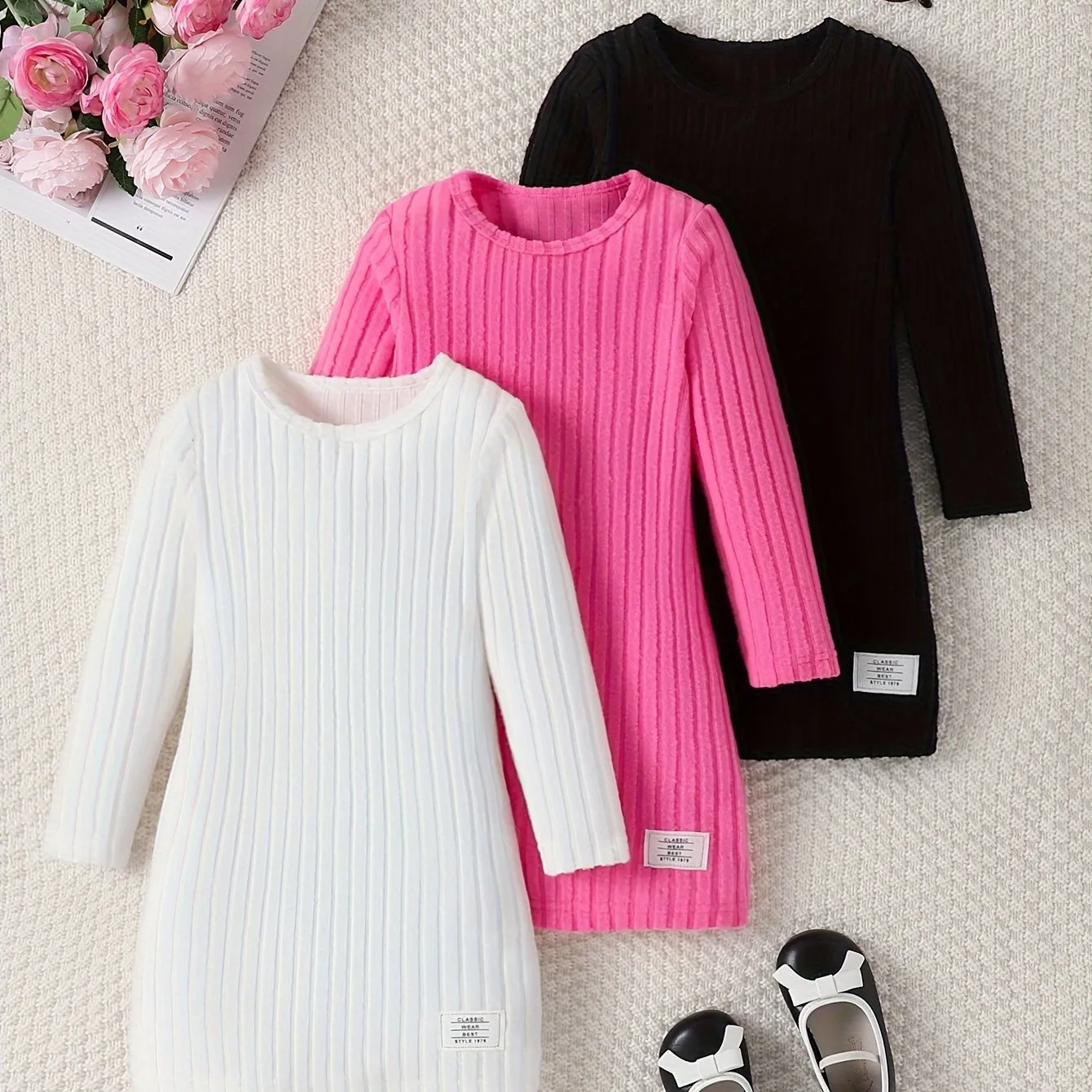 3 Pcs Girls Ribbed Knit Dress Set, Comfy & Elegant, Spring/Fall Dresses