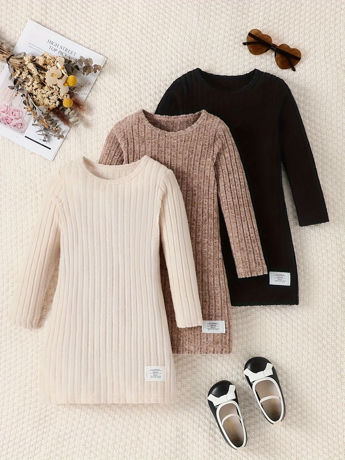 3 Pcs Girls Ribbed Knit Dress Set, Comfy & Elegant, Spring/Fall Dresses