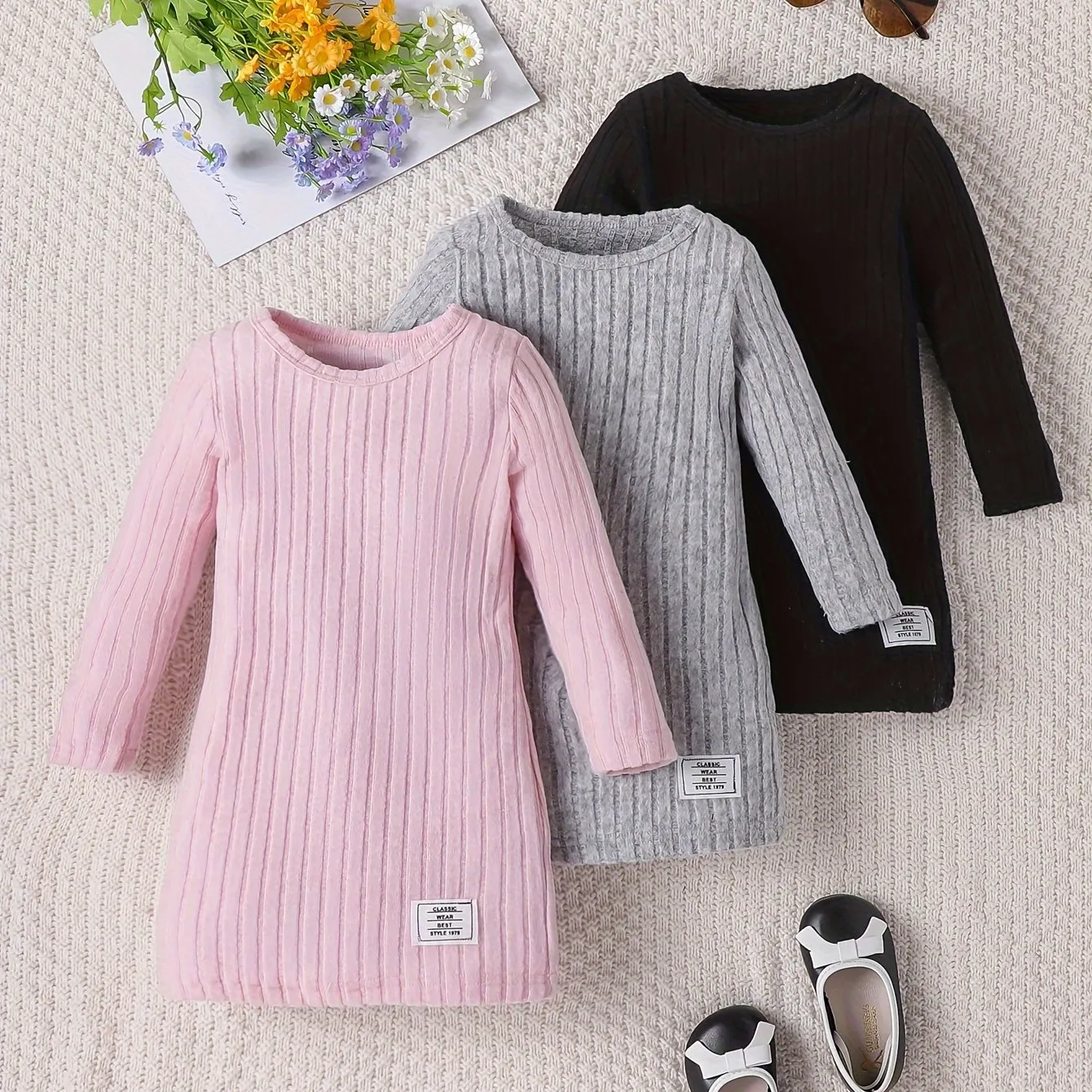 3 Pcs Girls Ribbed Knit Dress Set, Comfy & Elegant, Spring/Fall Dresses