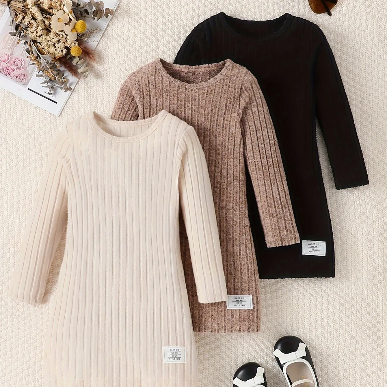 3 Pcs Girls Ribbed Knit Dress Set, Comfy & Elegant, Spring/Fall Dresses