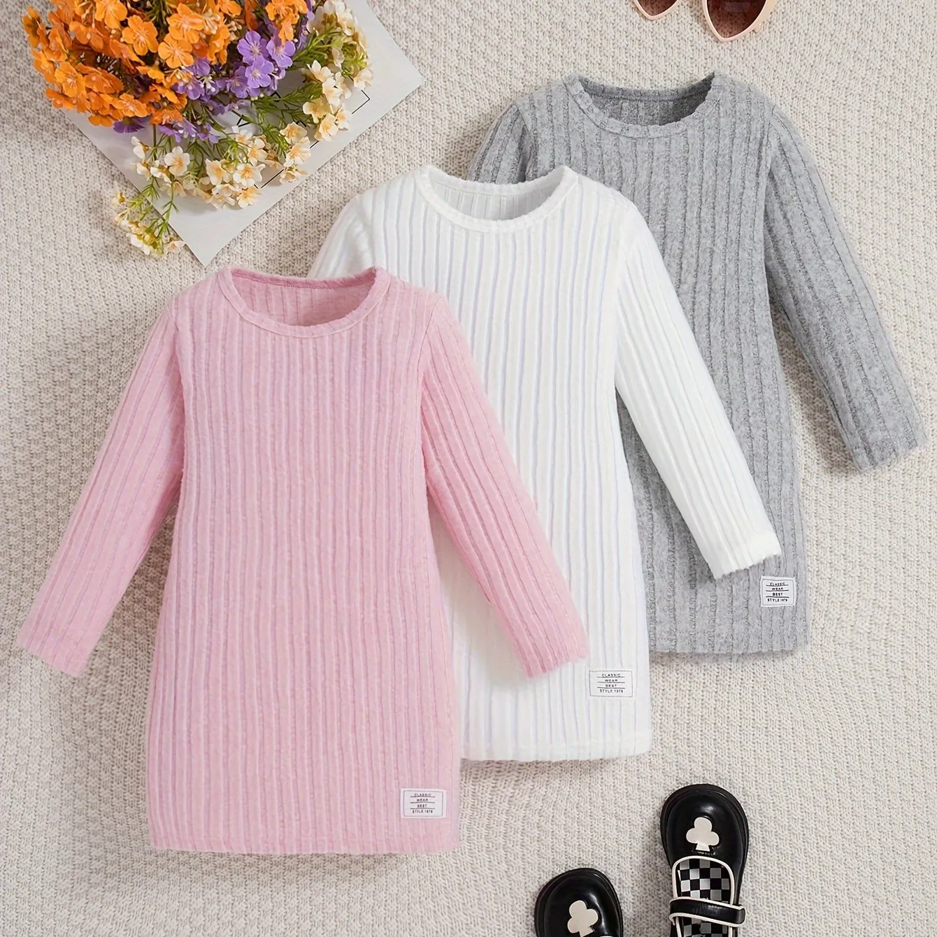 3 Pcs Girls Ribbed Knit Dress Set, Comfy & Elegant, Spring/Fall Dresses