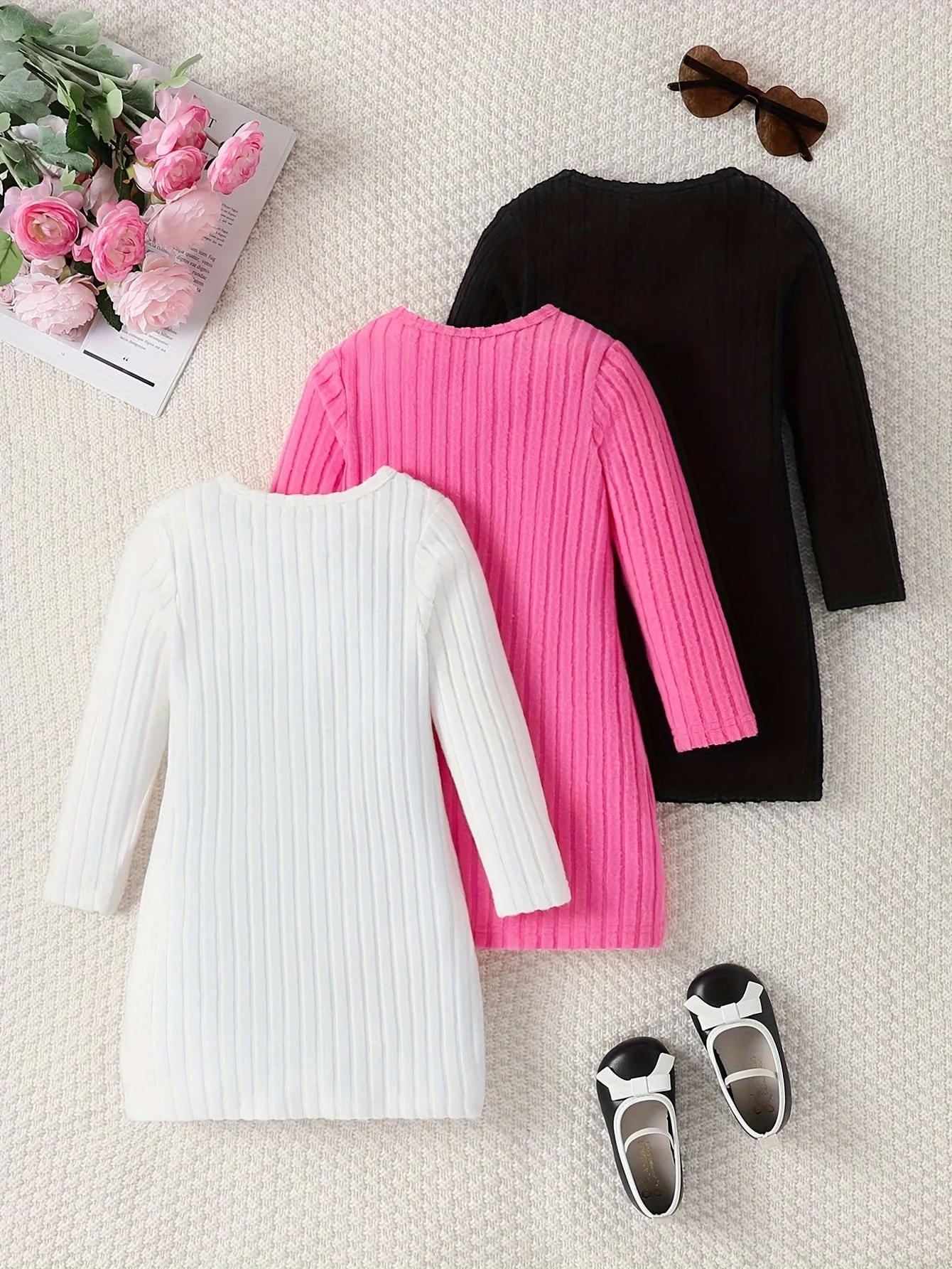 3 Pcs Girls Ribbed Knit Dress Set, Comfy & Elegant, Spring/Fall Dresses