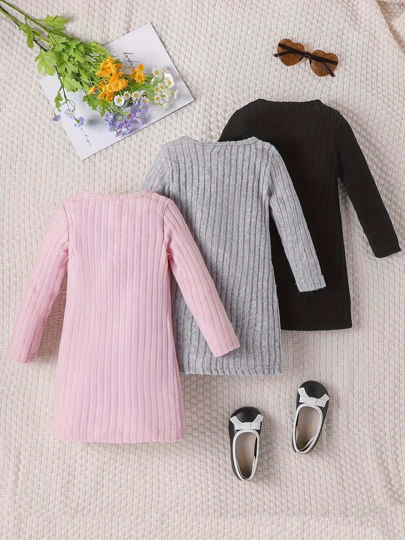 3 Pcs Girls Ribbed Knit Dress Set, Comfy & Elegant, Spring/Fall Dresses