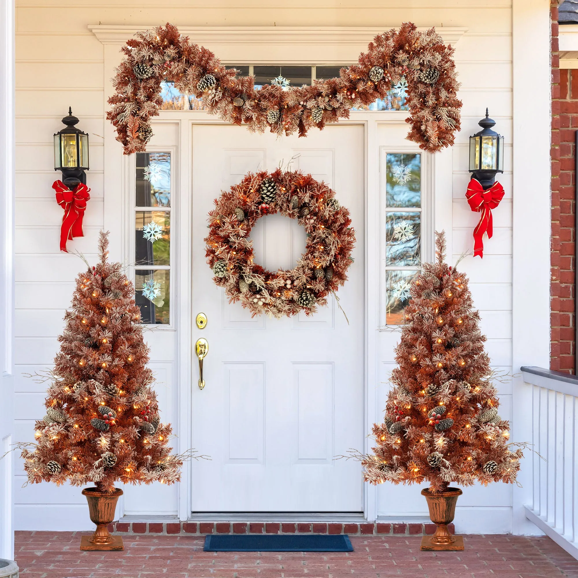 4-Pieces Set Artificial Christmas Tree, Brown Needles with flocking, with Warm Lights, pine cones and berries, Artificial Tree for door and fireplace