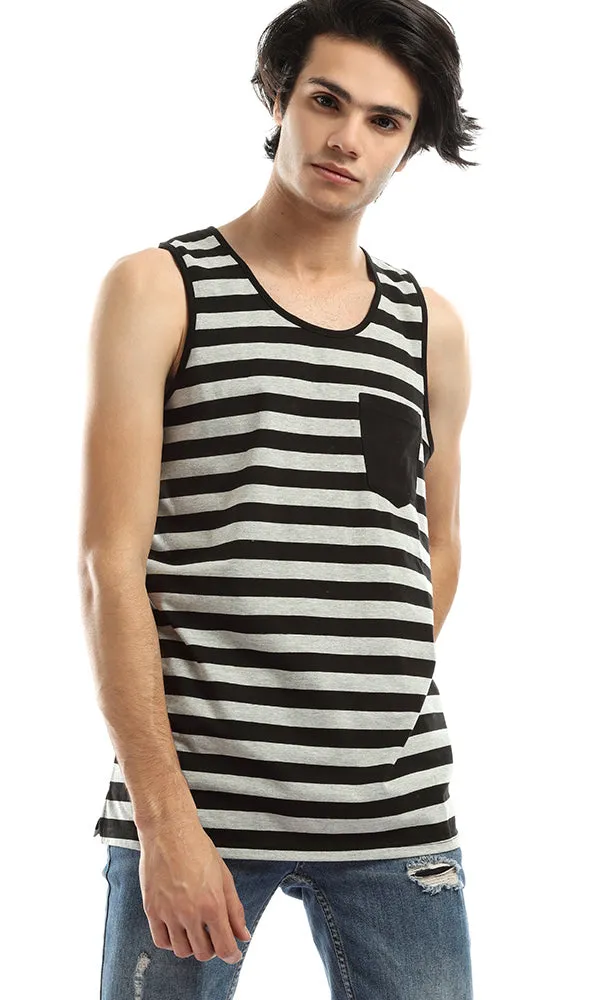 48234 Striped Sleeveless Comfortable Tee - Grey & Black