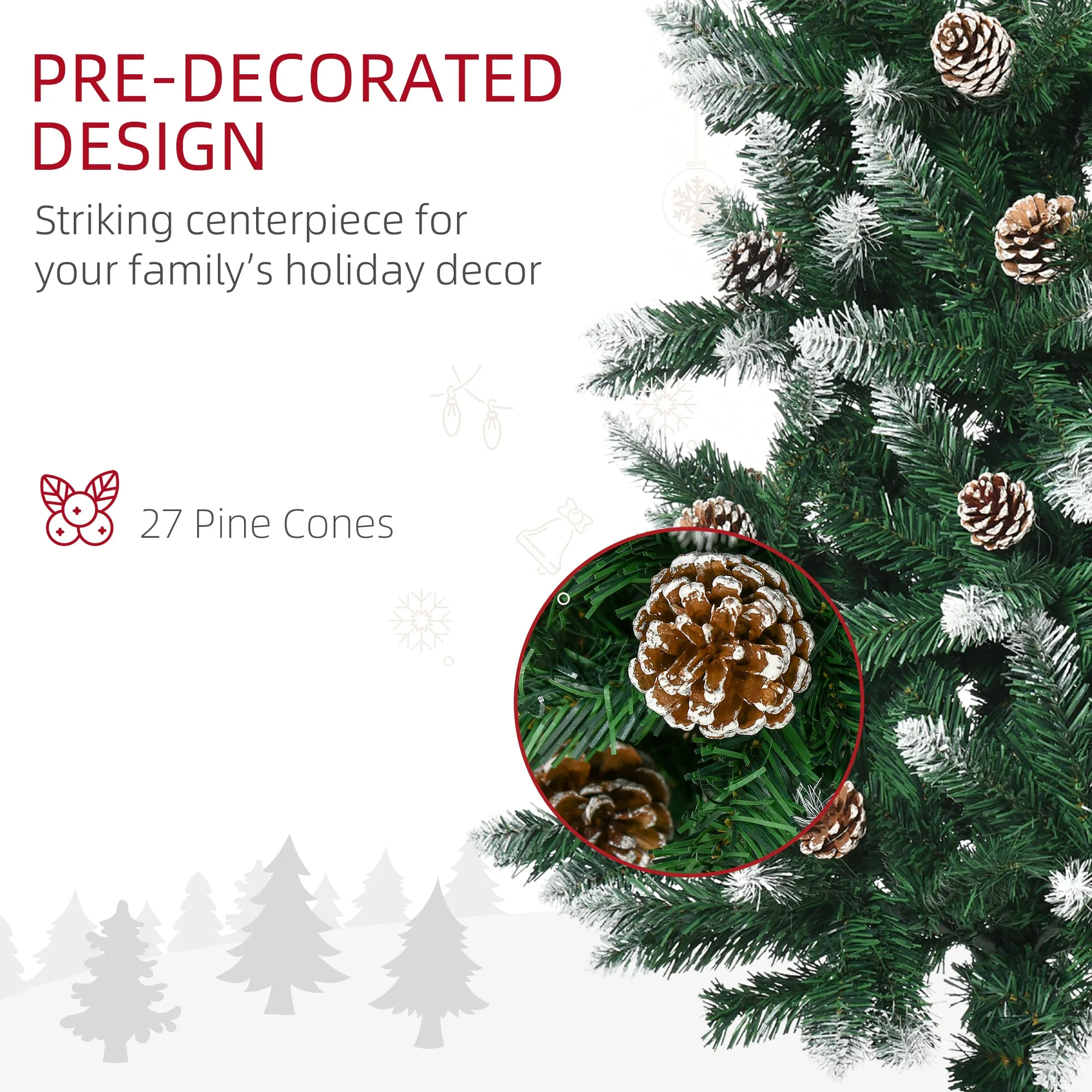 5 Foot Snow Artificial Christmas Tree with Realistic Branches, Pine Cone, for Indoor Decoration, Green White