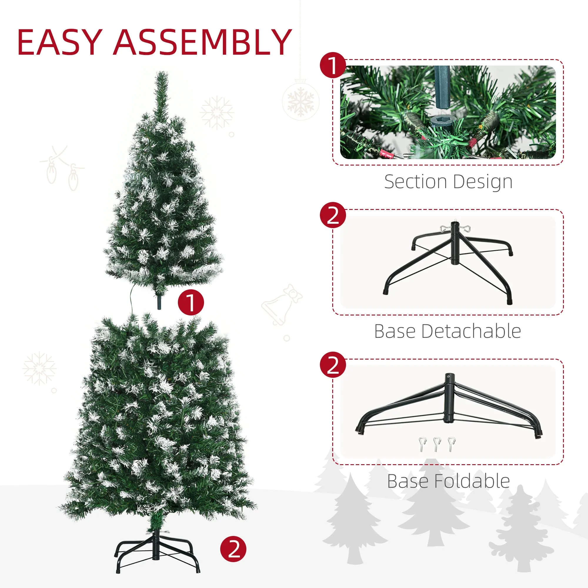 5' Tall Prelit Pencil Slim Artificial Christmas Tree with Realistic Branches, 250 Colourful LED Lights and 408 Tips, Xmas Decoration, Green