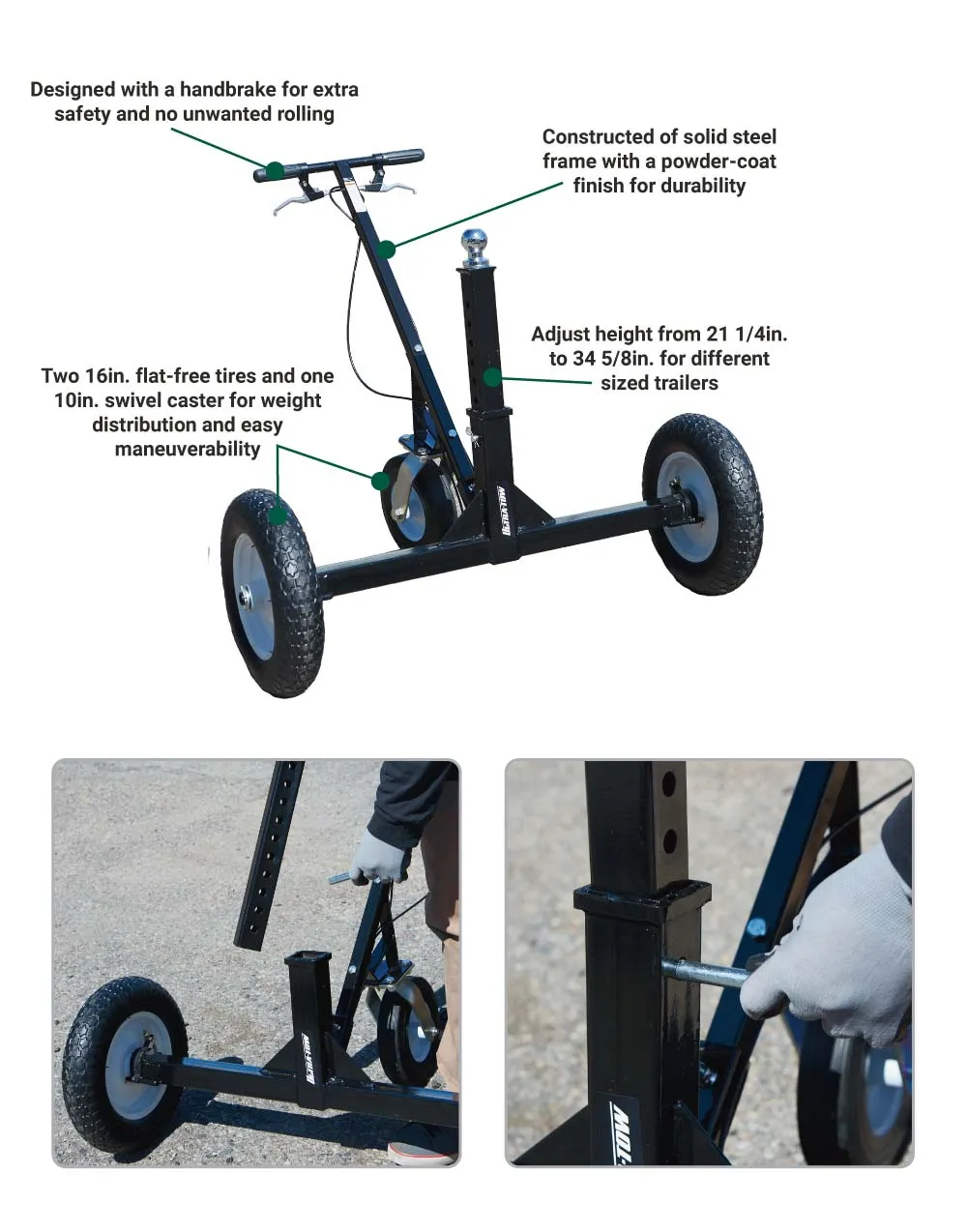 (58014.ULT) Ultra-Tow Heavy-Duty Adjustable Trailer Dolly with Brake | 1000-Lb. Cap