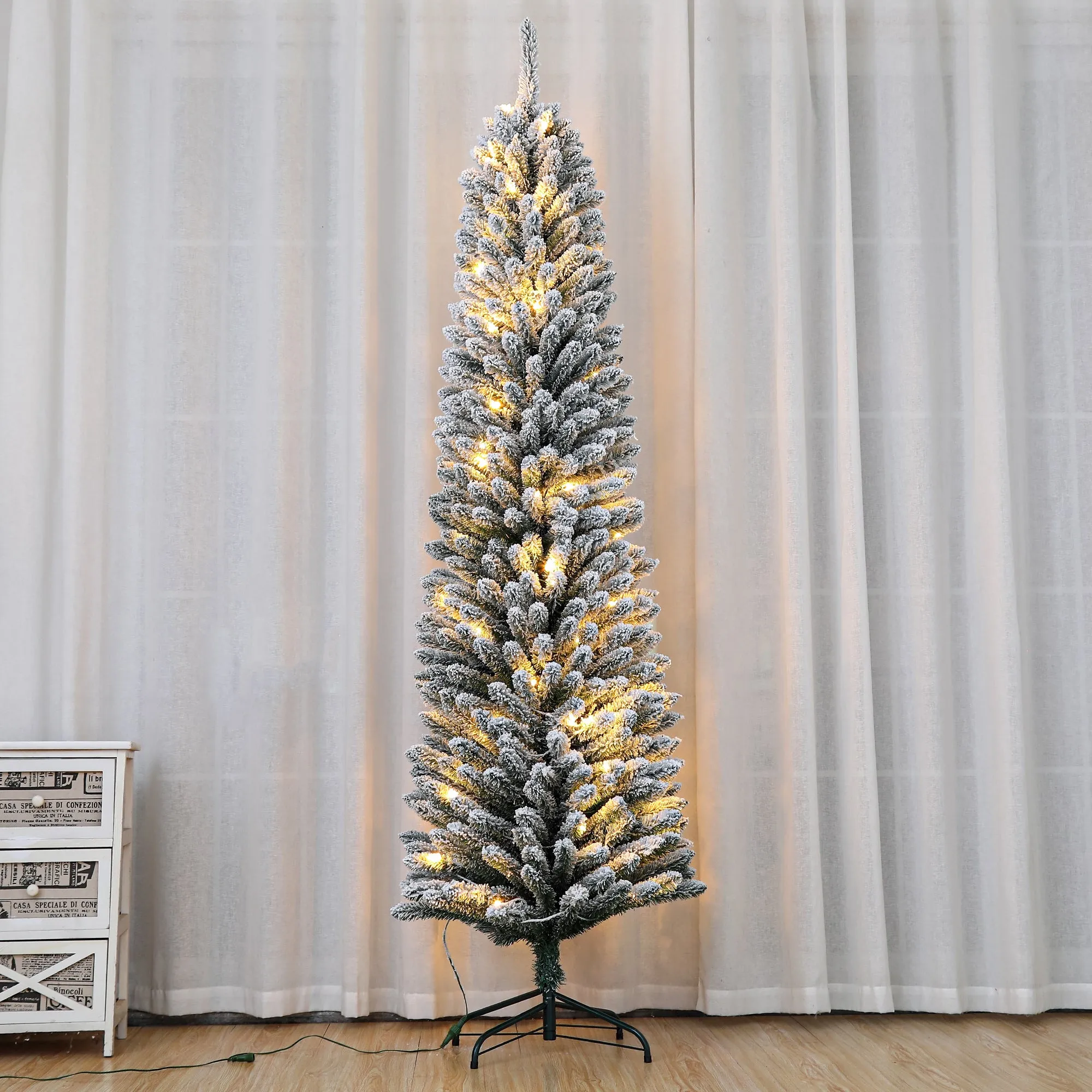 7 Feet Prelit Snow Flocked Pencil Christmas Tree Decoration 150 LED UL Plug Warm Lights 570 Branch  Artificial Slim Xmas Tree Indoor Outdoor Home Decor Holiday