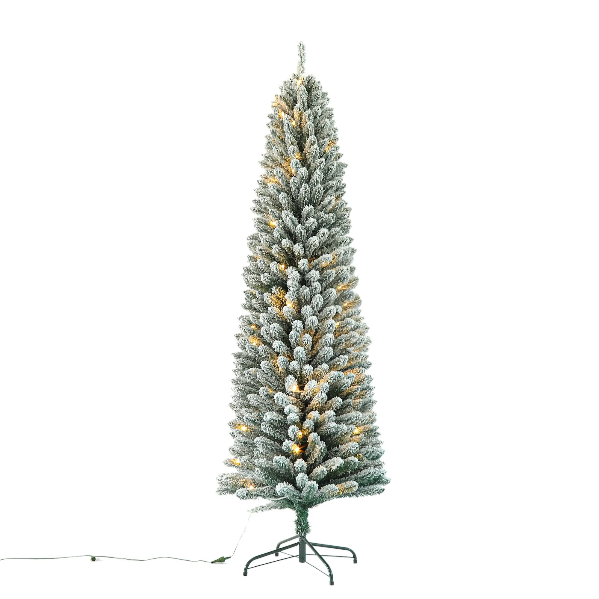 7 Feet Prelit Snow Flocked Pencil Christmas Tree Decoration 150 LED UL Plug Warm Lights 570 Branch  Artificial Slim Xmas Tree Indoor Outdoor Home Decor Holiday