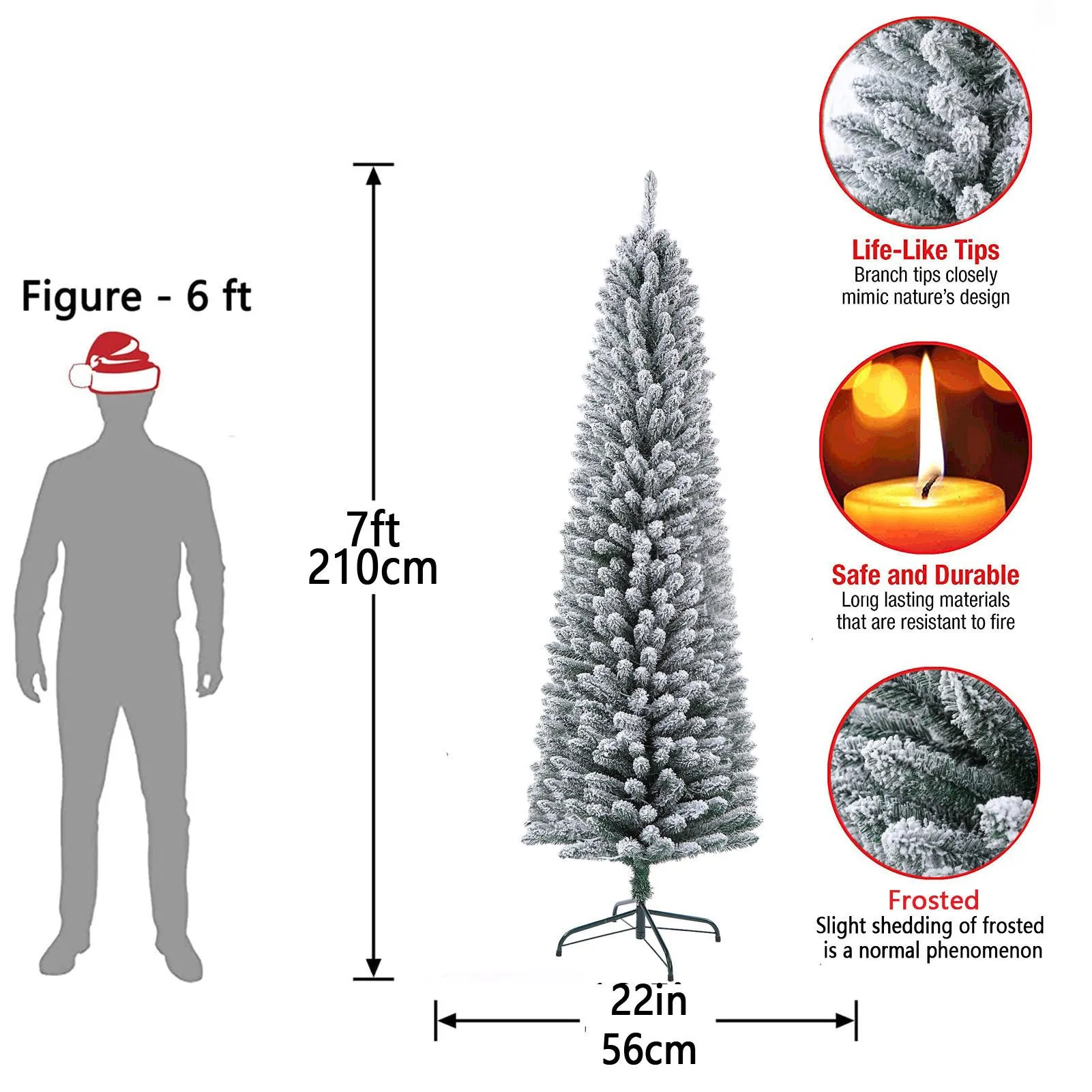 7 Feet Prelit Snow Flocked Pencil Christmas Tree Decoration 150 LED UL Plug Warm Lights 570 Branch  Artificial Slim Xmas Tree Indoor Outdoor Home Decor Holiday