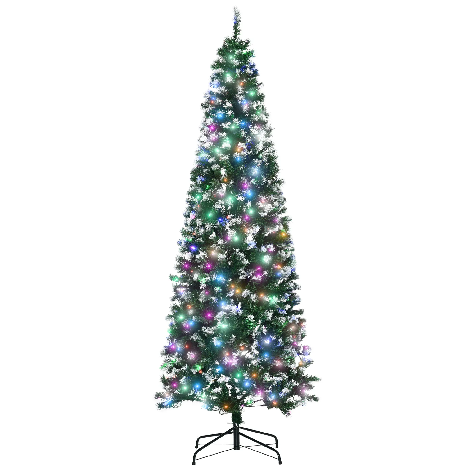 7' Tall Prelit Pencil Slim Artificial Christmas Tree with Realistic Branches, 350 Colourful LED Lights and 818 Tips, Xmas Decoration, Green