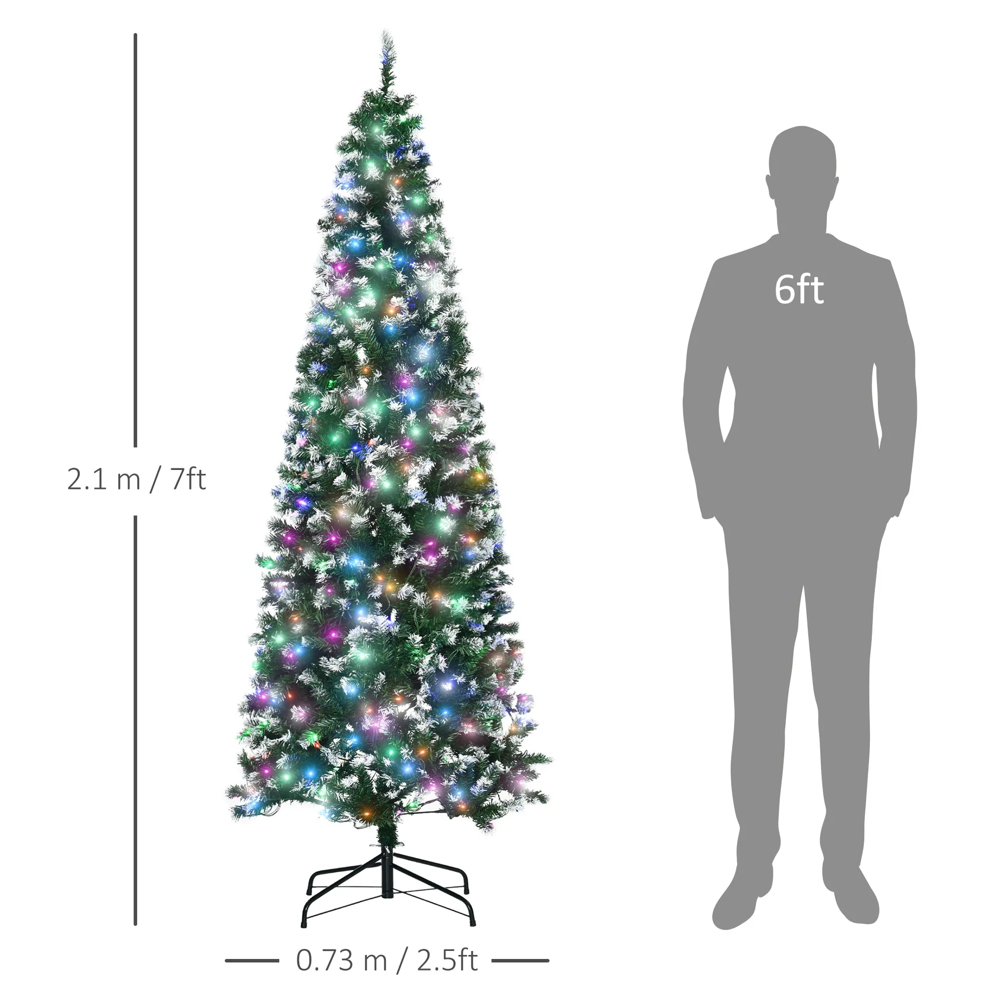 7' Tall Prelit Pencil Slim Artificial Christmas Tree with Realistic Branches, 350 Colourful LED Lights and 818 Tips, Xmas Decoration, Green