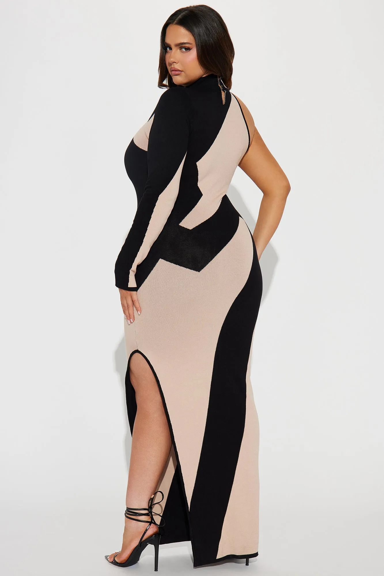 Abstract One Shoulder Maxi Dress - Taupe/combo