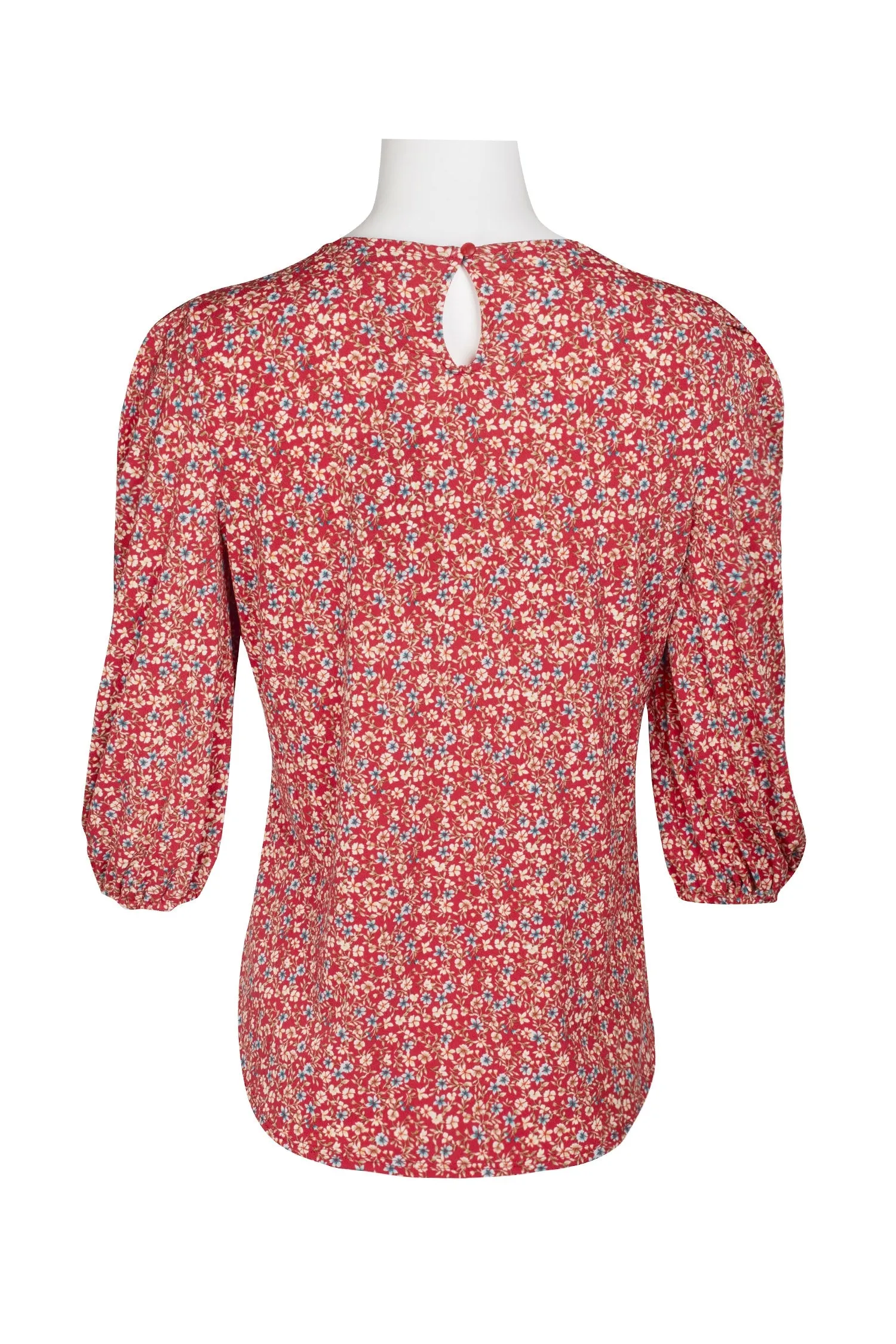 Adrianna Papell Scoop Neck 3/4 Elastic Cuff Sleeve Multi Print 1 Button Keyhole Back Knit Moss Crepe Top