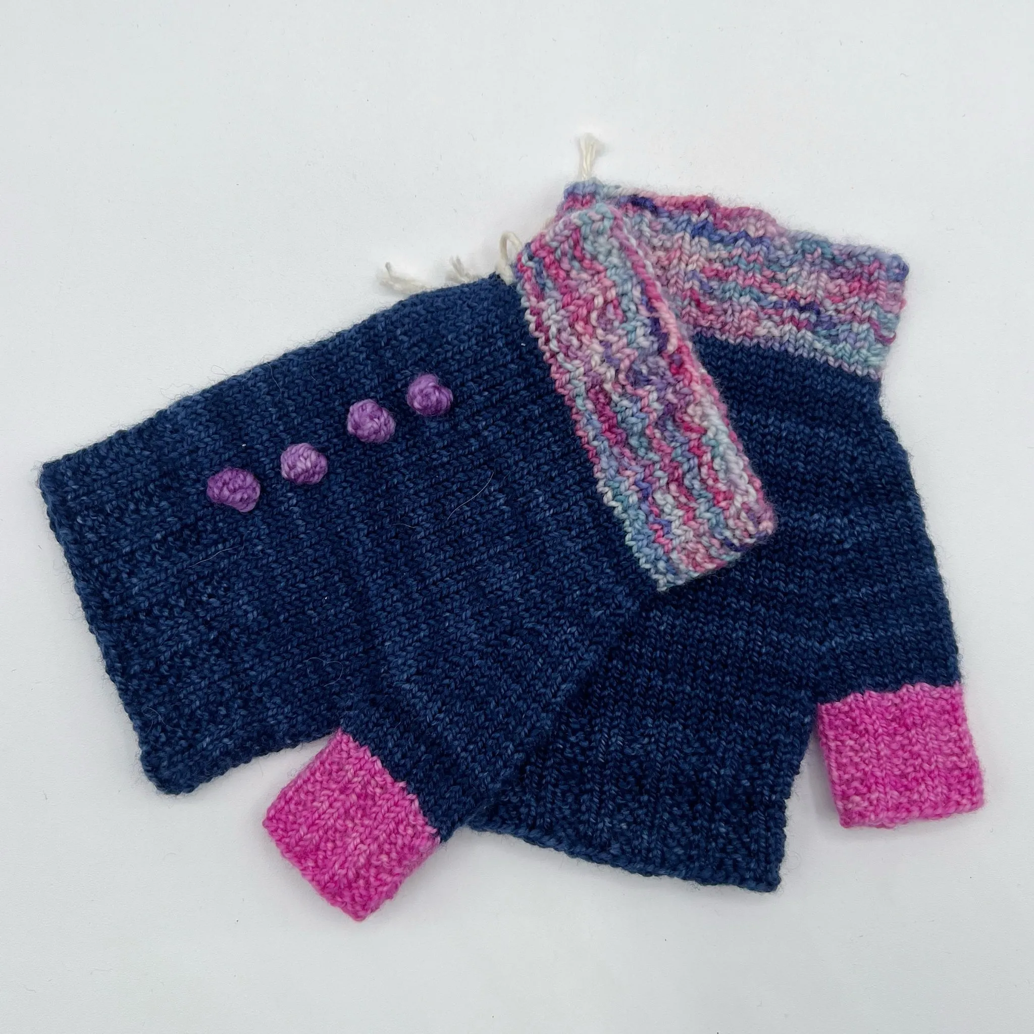 Adult Small Indigo with Purple Bobbles Wool Knit Fingerless Gloves