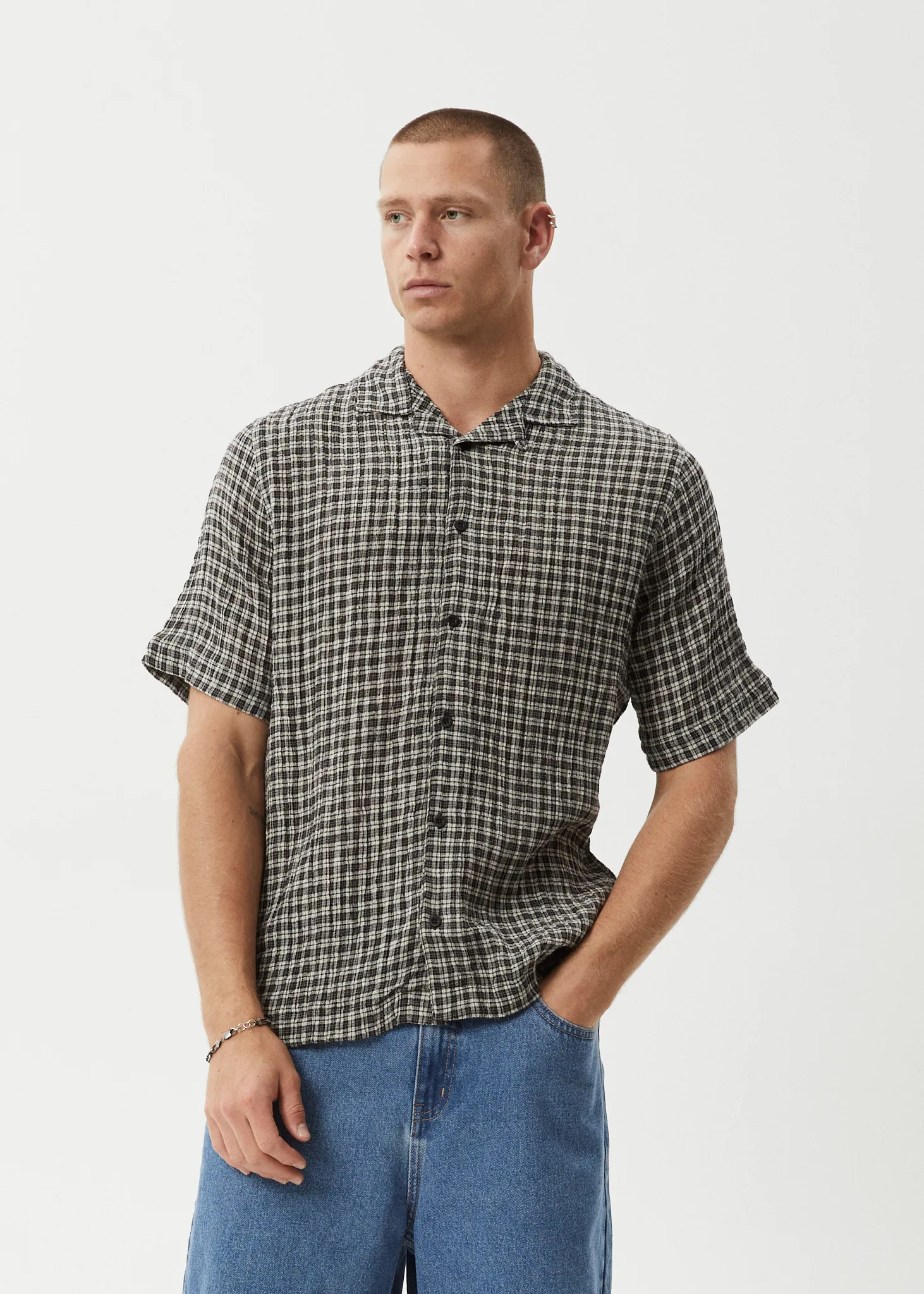 AFENDS Mens Asta - Seer Sucker Regular Shirt - Steel Check