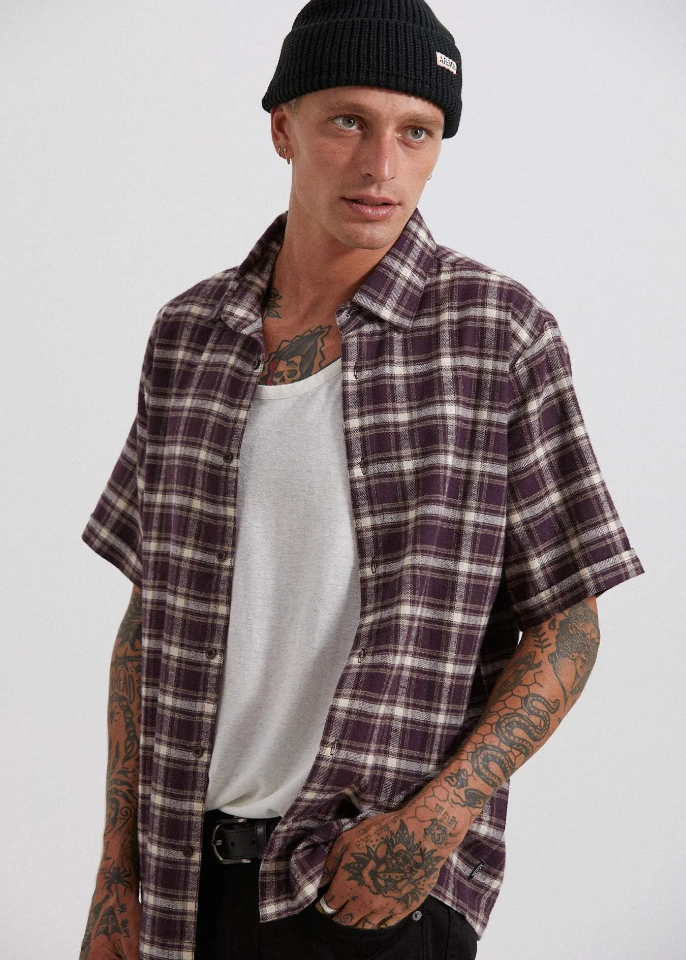 Afends Mens Kemp - Hemp Short Sleeve Shirt - Mulberry Check