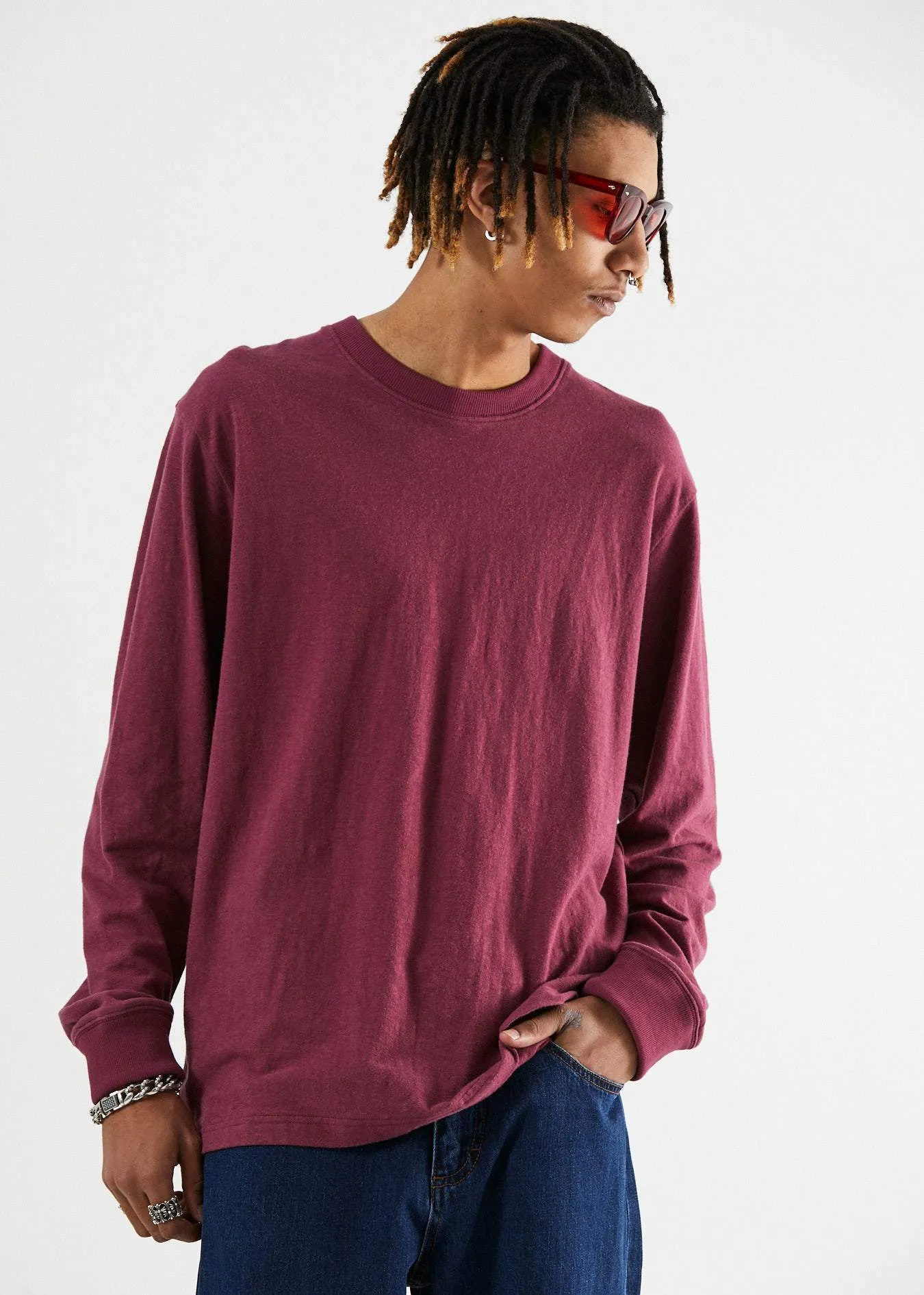 Afends Mens Rolling On - Hemp Retro Fit Long Sleeve Tee - Port