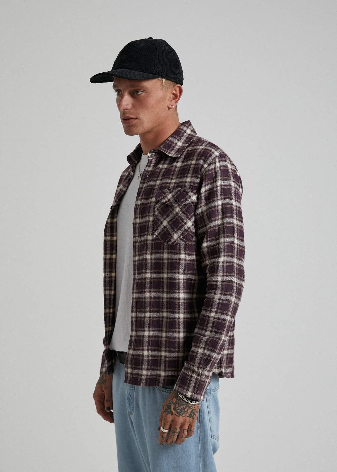 Afends Mens XF Falcon - Hemp Long Sleeve Shirt - Mulberry Check