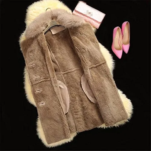 Allbebe Women's Winter Thicken Long Faux Fur Shearling Coat with Fox Fur Trim