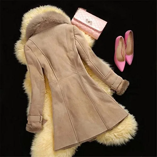 Allbebe Women's Winter Thicken Long Faux Fur Shearling Coat with Fox Fur Trim