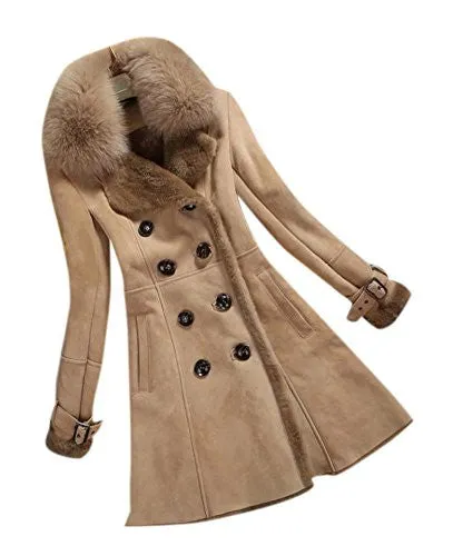 Allbebe Women's Winter Thicken Long Faux Fur Shearling Coat with Fox Fur Trim