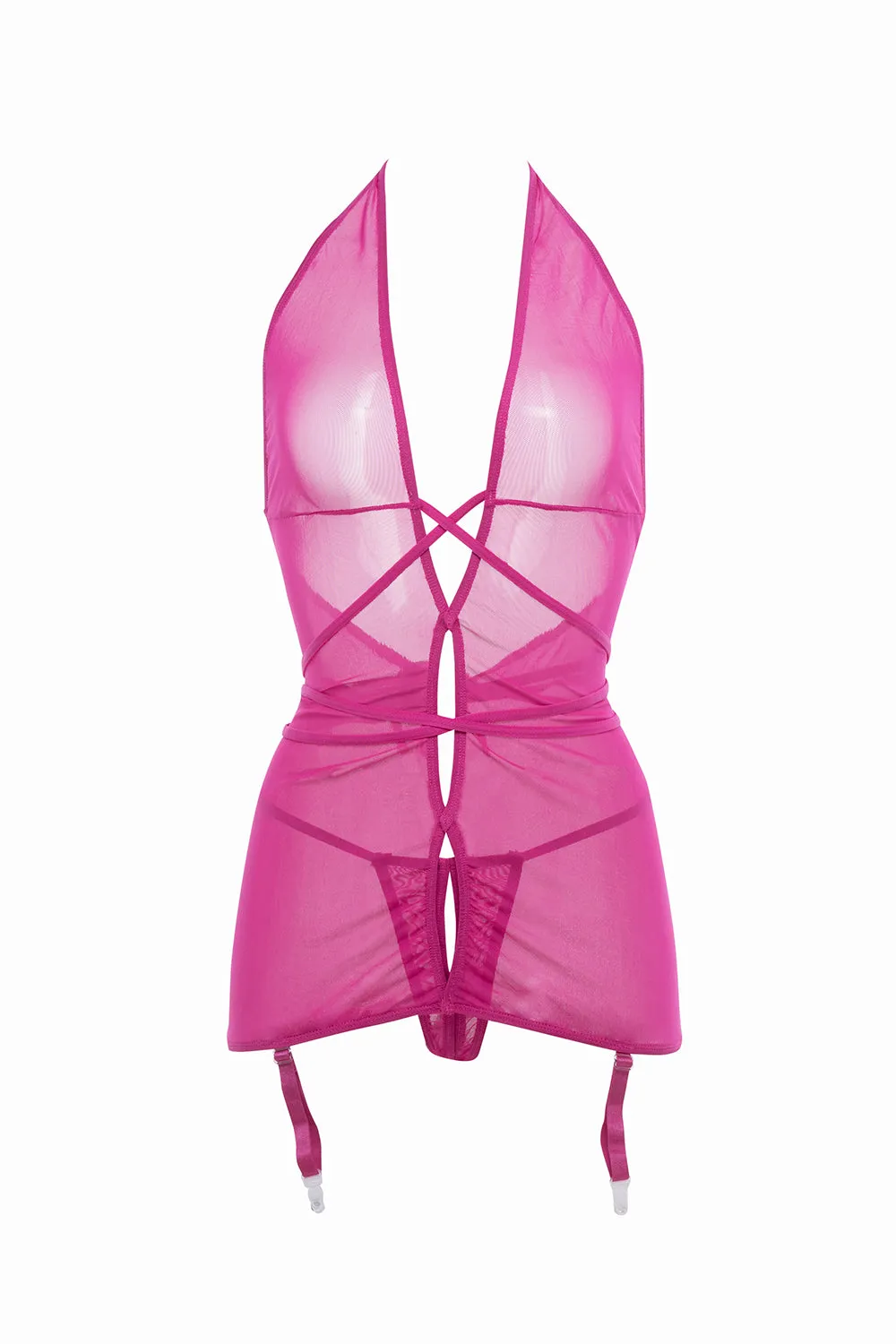 Allure Collection Savannah Sheer Mesh Garter Dress & Open Thong Hot Pink