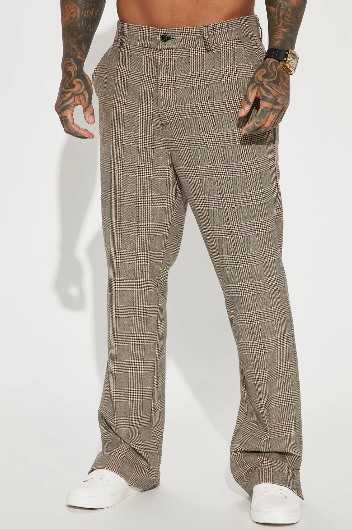 Anderson Plaid Slit Trousers - Camel/combo