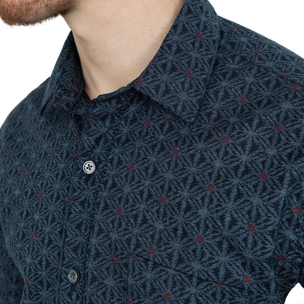 ANDREWS Long Sleeve Shirt in Navy Blue Traditional Japanese Snowflake Print