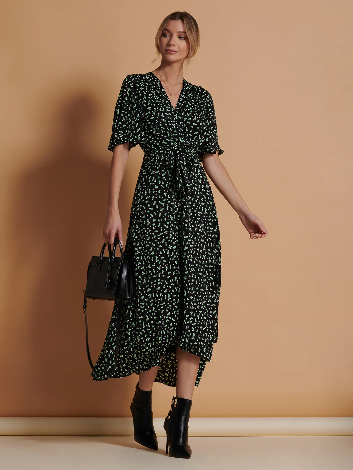 Angel Sleeve Wrap Tie Front Maxi Dress, Black Spot