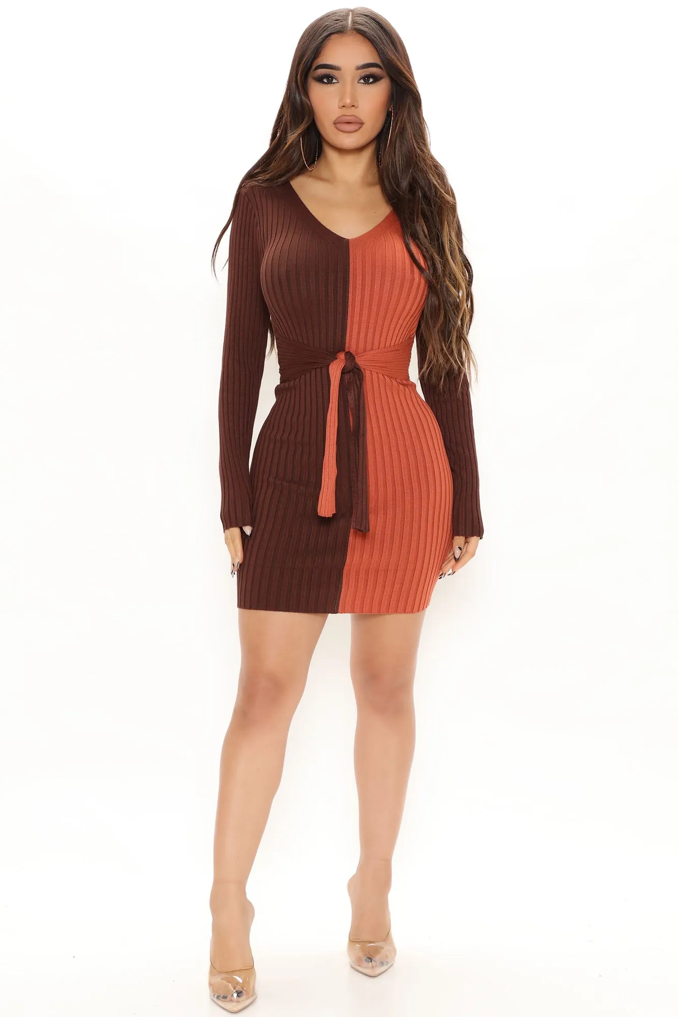 Autumn Falls Sweater Mini Dress - Chocolate/Combo