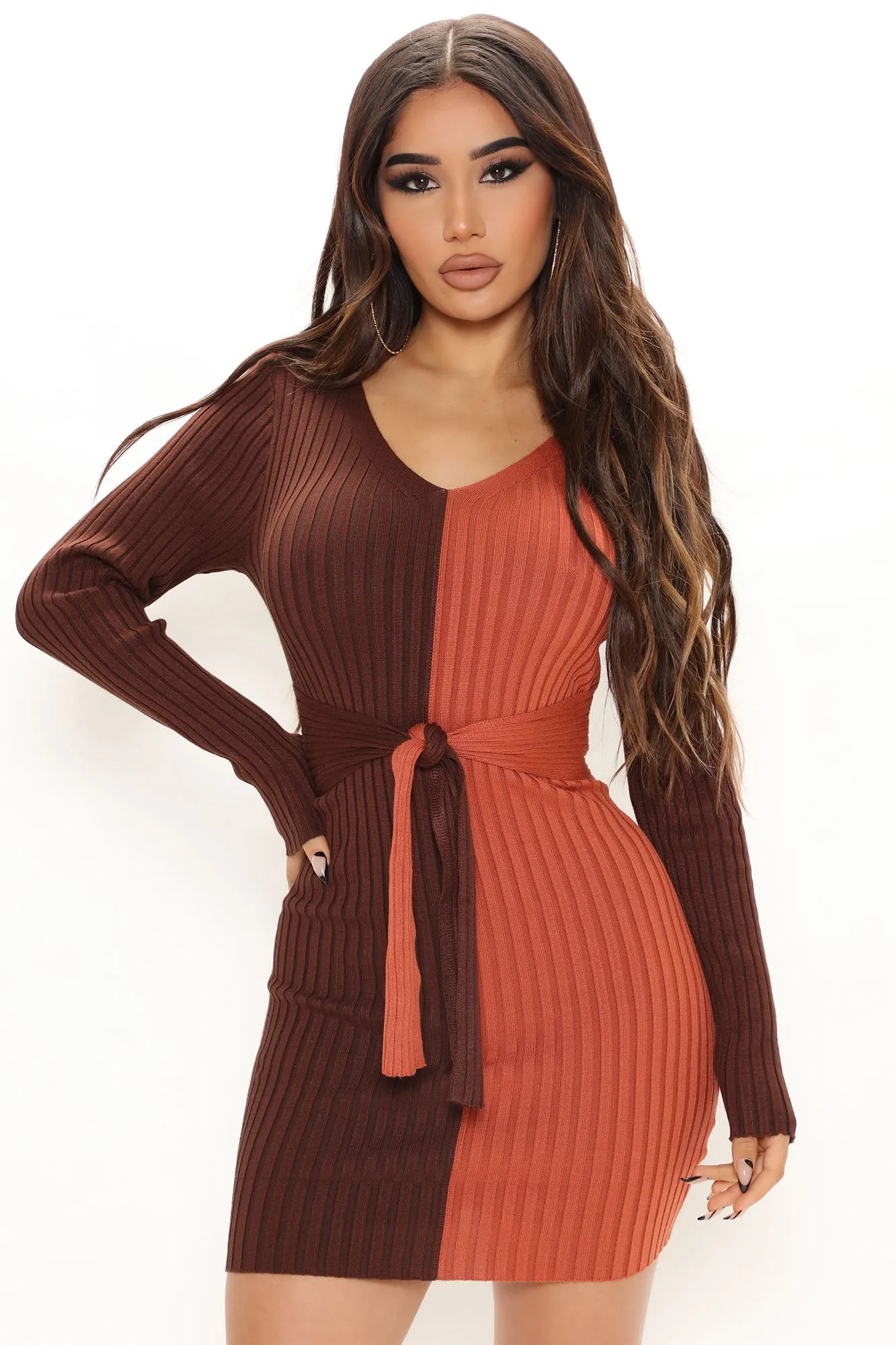 Autumn Falls Sweater Mini Dress - Chocolate/Combo