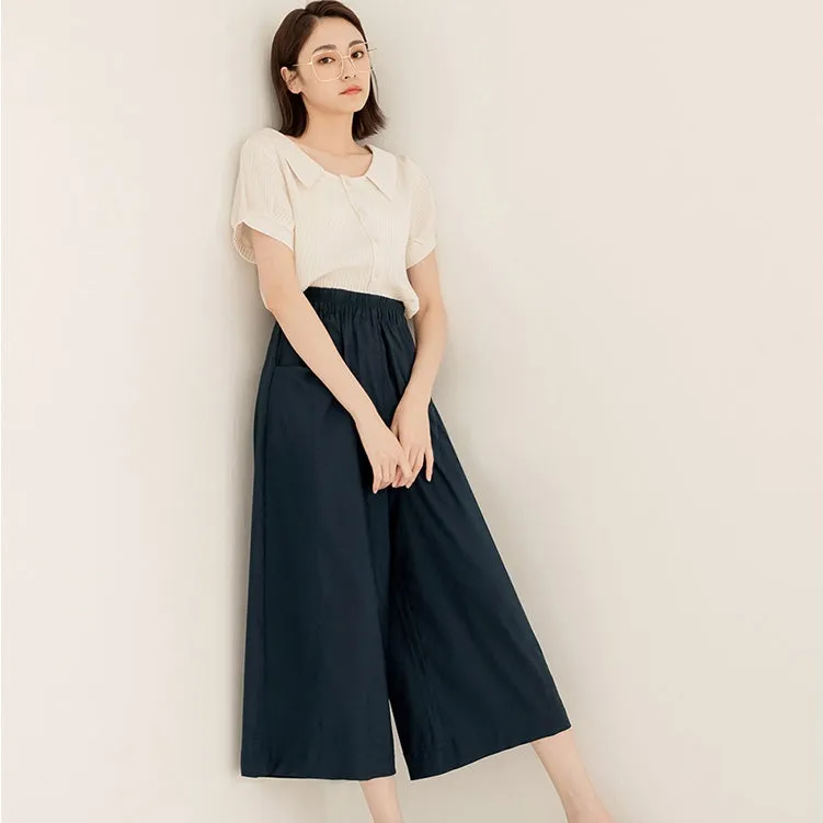 Basic Cotton Elastic Waist Wide Leg Culottes Pants