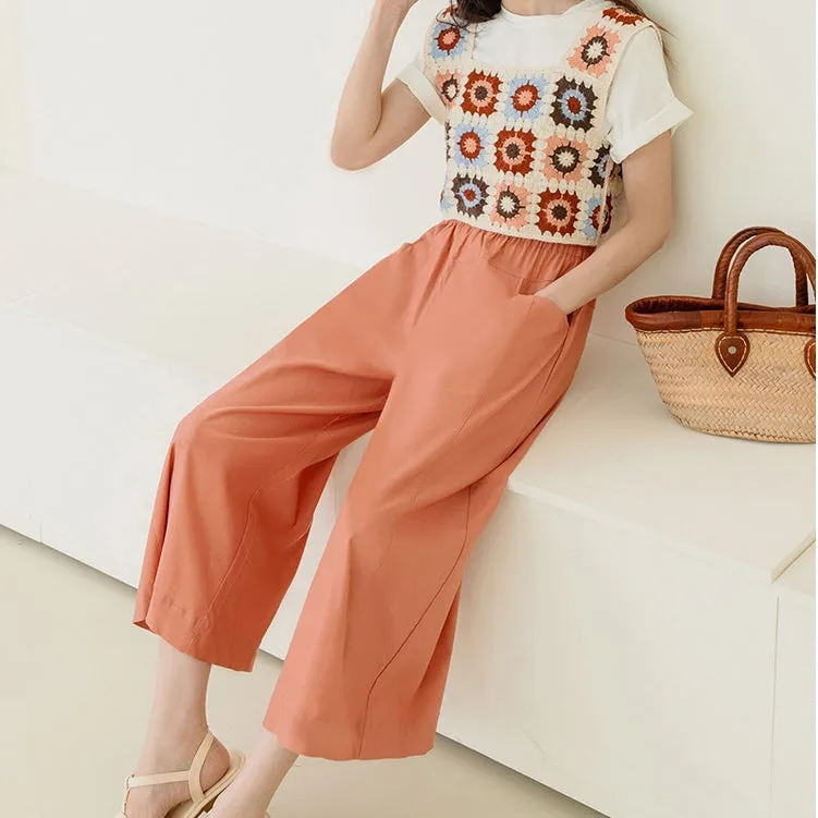 Basic Cotton Elastic Waist Wide Leg Culottes Pants