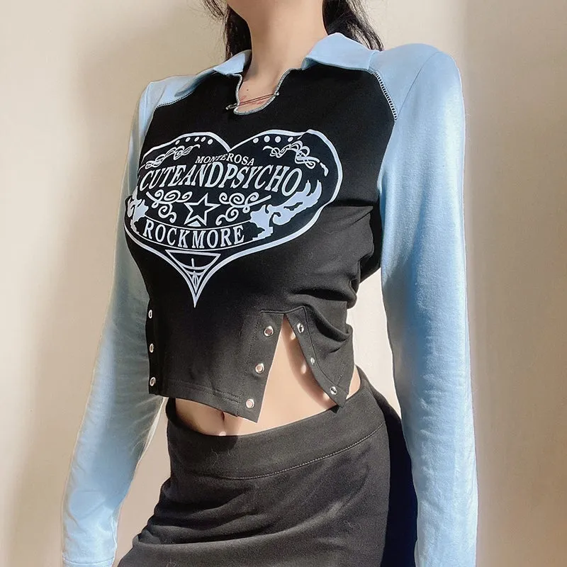 Black And Blue Edgy Heart Print Side Aglets Slim Shirt