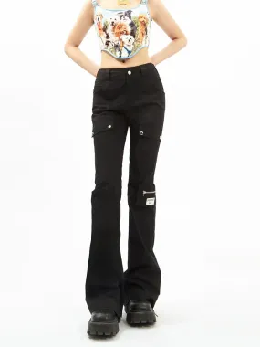 Black Flared Cargo Pants with Multiple Pockets