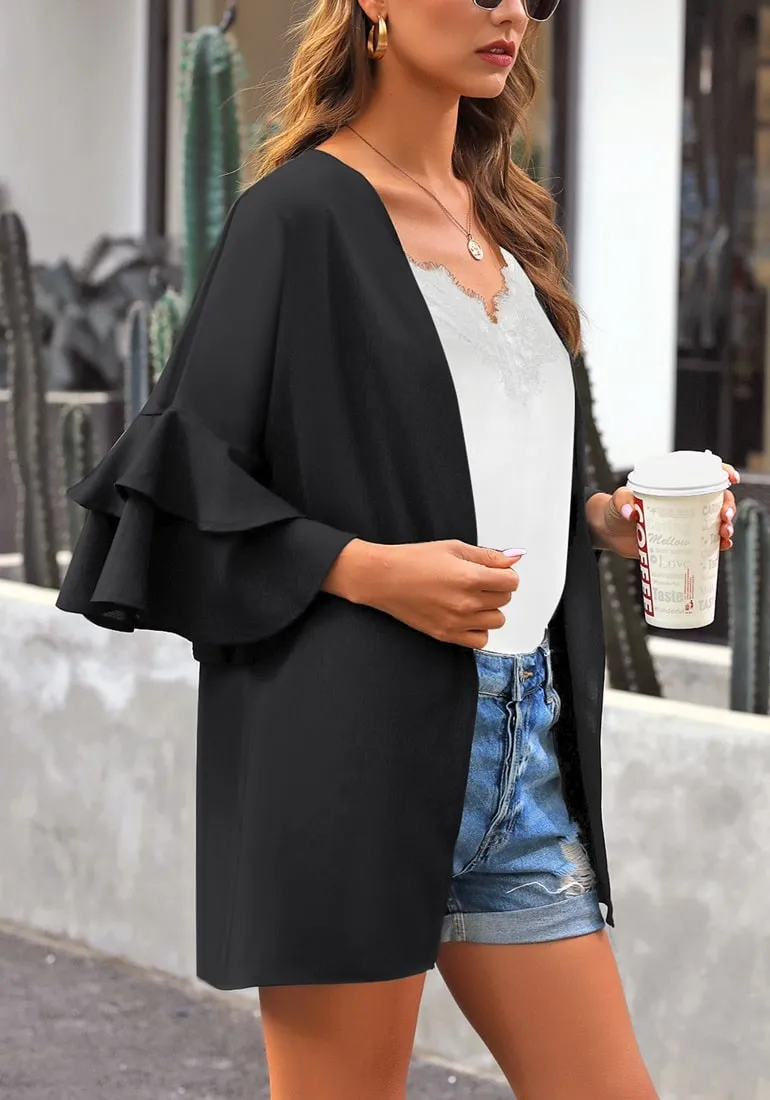 Black Layered Trumpet Sleeves Open-Front Plain Kimono