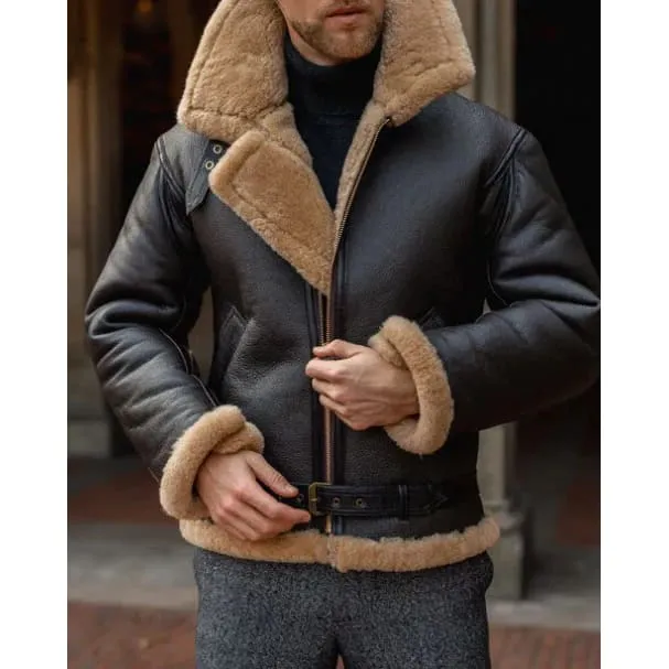 Black Men's Aviator Fur Sheepskin Leather Jacket