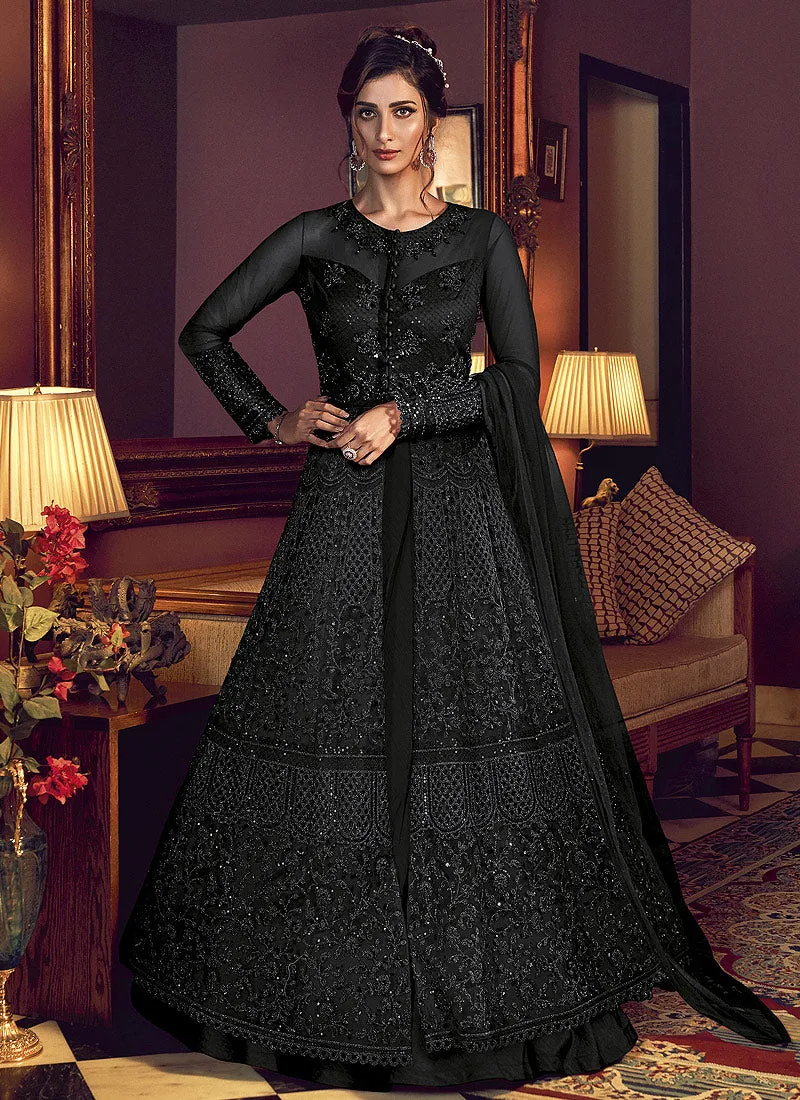 Black Motif Embroidered Jacket Style Anarkali Pant