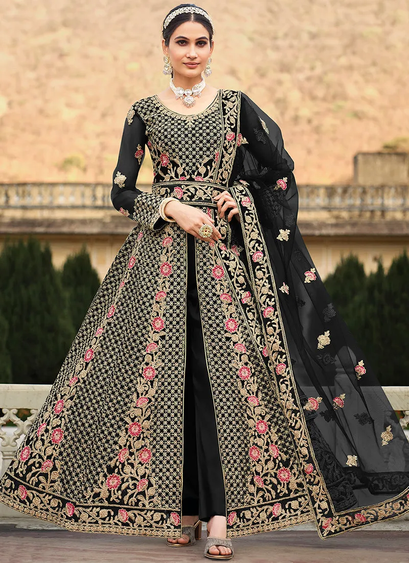 Black Multi Embroidery Slit Style Anarkali Lehenga