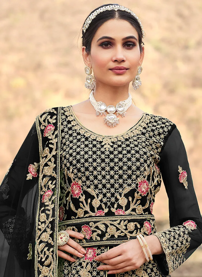 Black Multi Embroidery Slit Style Anarkali Lehenga