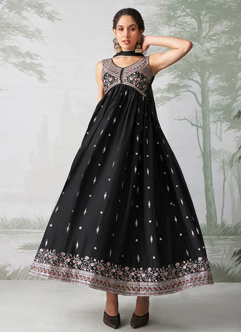 Black Multi Embroidery Traditional Anarkali Suit