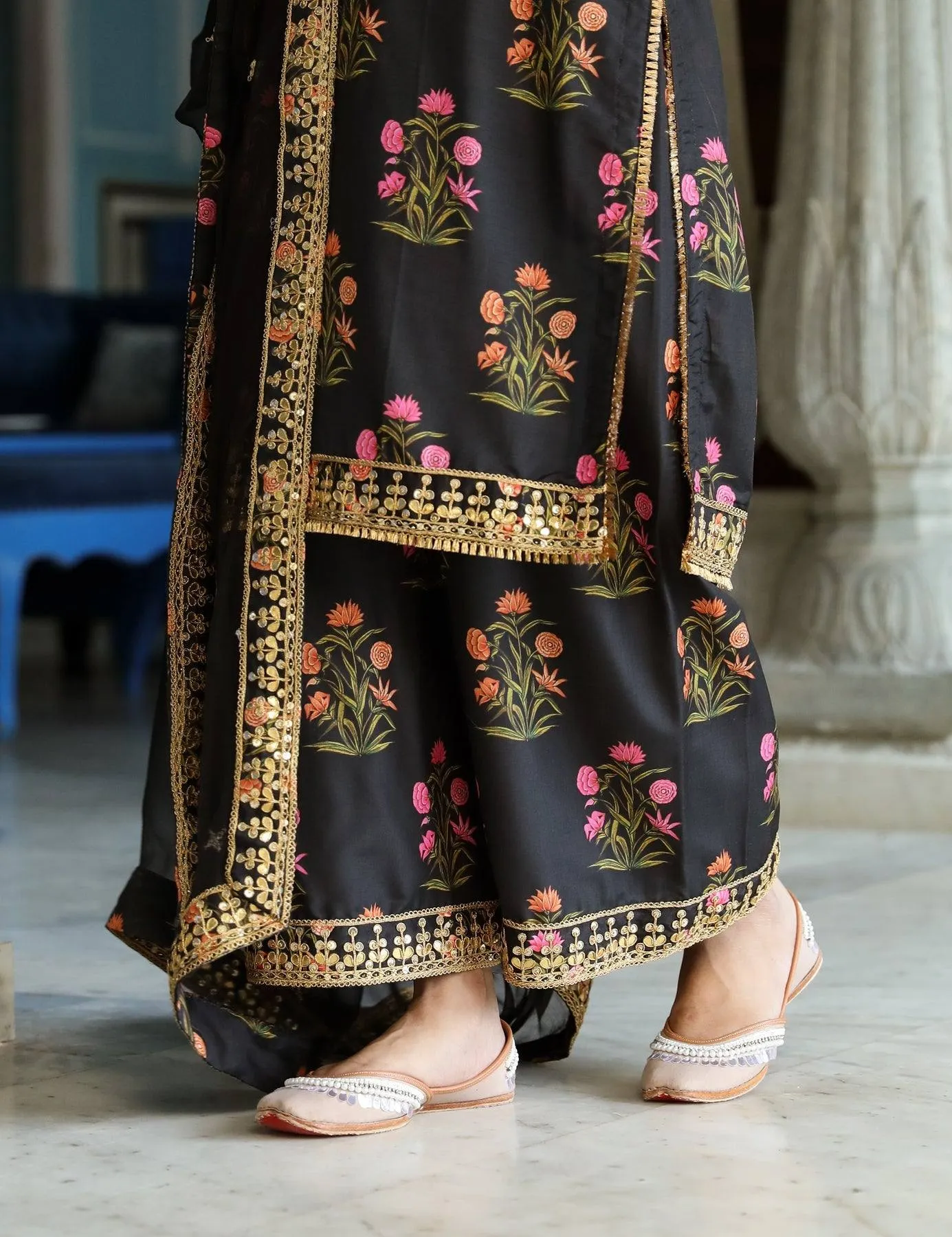 Black Printed Kurta Palazzo Set with Dupatta