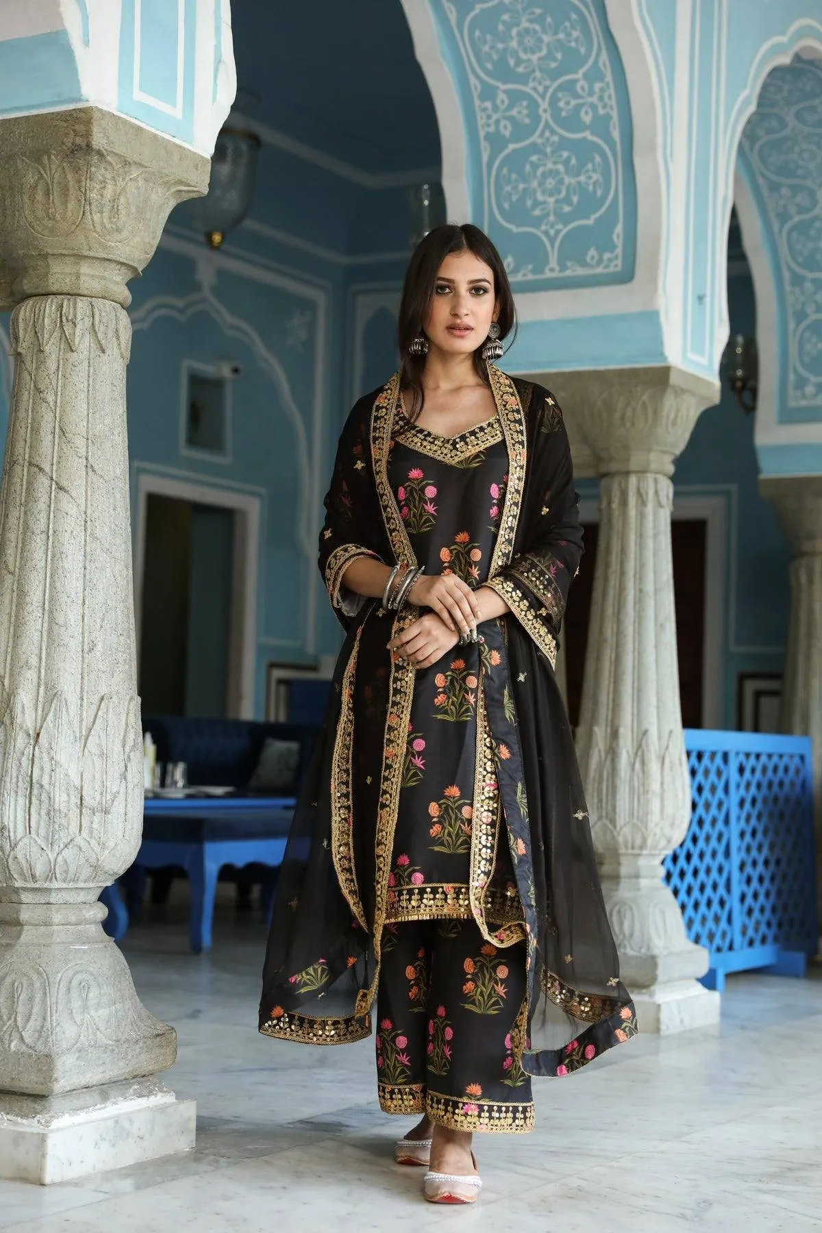 Black Printed Kurta Palazzo Set with Dupatta