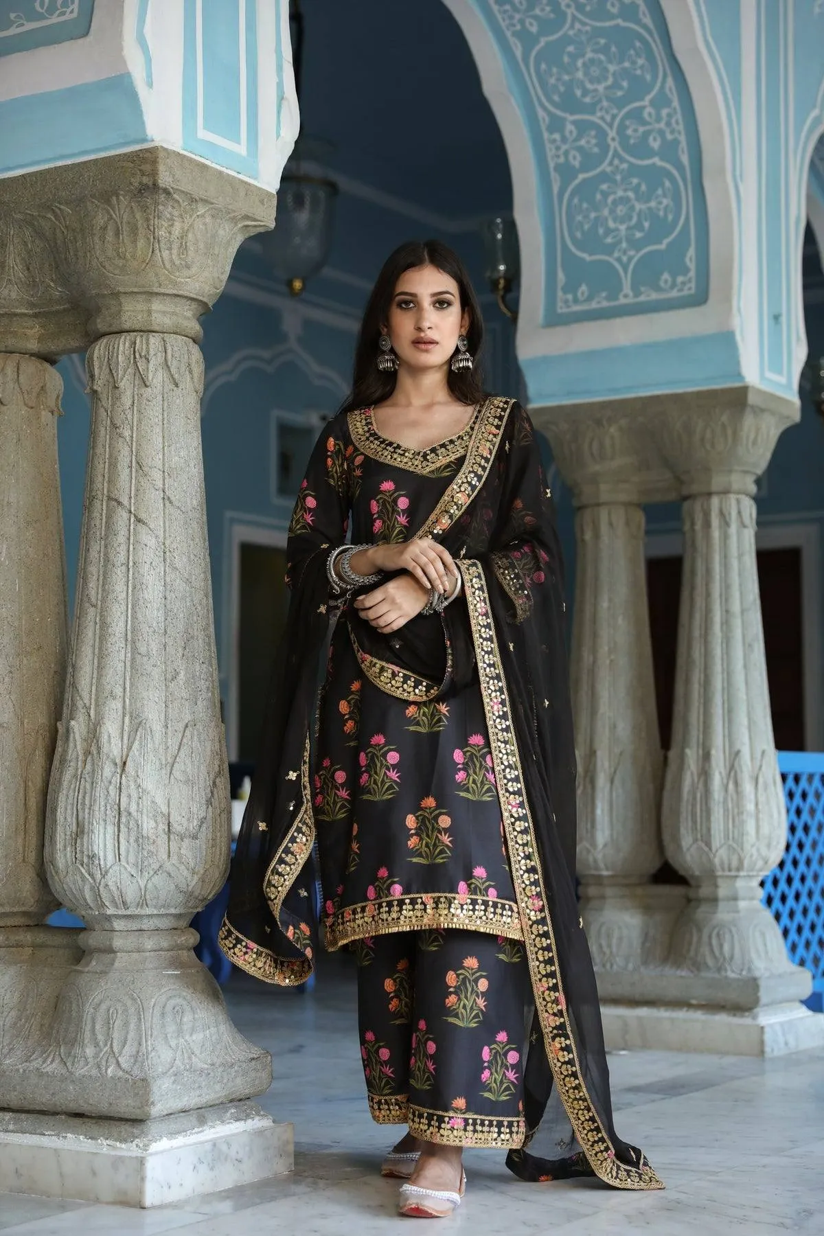 Black Printed Kurta Palazzo Set with Dupatta