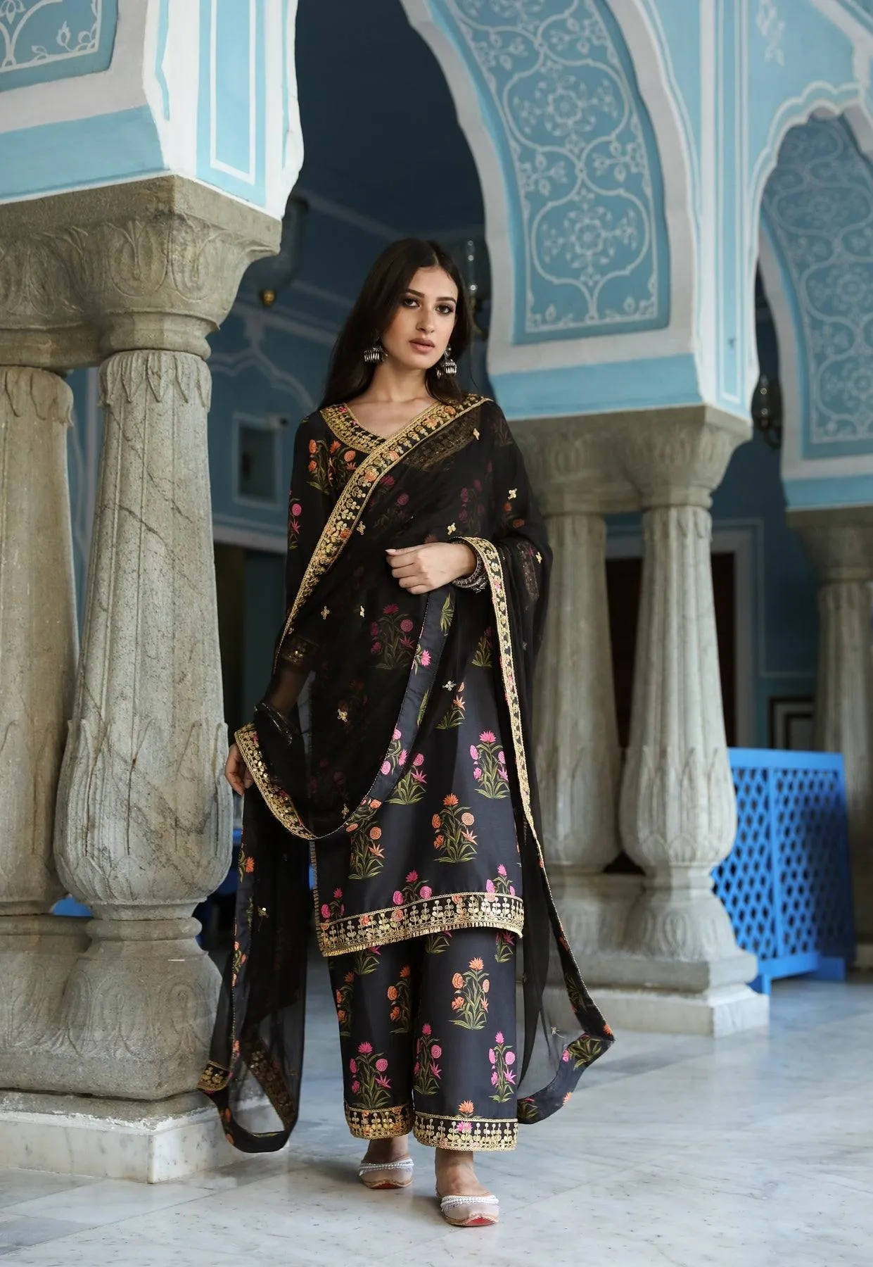 Black Printed Kurta Palazzo Set with Dupatta