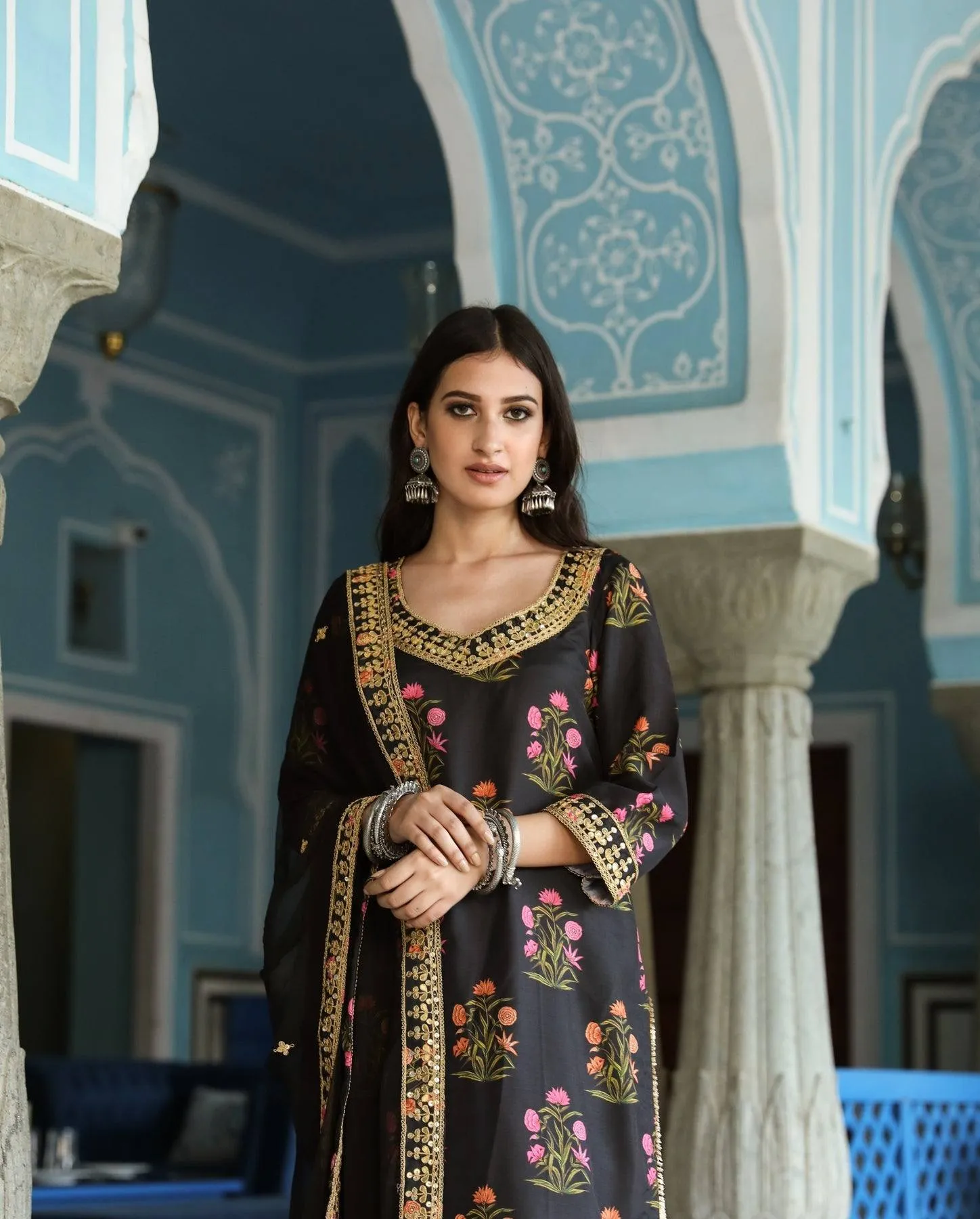 Black Printed Kurta Palazzo Set with Dupatta